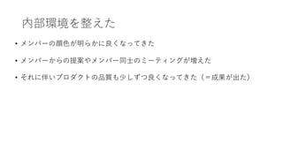 内部環境を整えた
• メンバーの顔⾊が明らかに良くなってきた
• メンバーからの提案やメンバー同⼠のミーティングが増えた
• それに伴いプロダクトの品質も少しずつ良くなってきた（＝成果が出た）
 