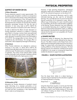 PHYSICAL PROPERTIES
b)	EFFECT OF WATER OR OIL
i) Water Absorption
Thordon elastomers expand in water approximately 1.3%
by volume under atmospheric conditions at a temperature
of 21°C (70°F) due to the isotropic nature of the polymeric
structure. At this temperature or less, full expansion may
take 6 to 18 months depending upon geometry. Should
the temperature be increased, not only does the volumetric
absorption percentage increase, but also the rate of
absorption. In tests using water at 60°C (140°F) the
volumetric absorption increased to 2.0% within 100 hours.
In order to determine the effects of water absorption on
Thordon elastomeric materials as it relates to a bearing
press fitted in a housing, a series of tests were performed.
These tests showed the approximate average effects of
water absorption on both bore closure and axial length at
21°C (70°F). The average effect on bore closure is .011
multiplied by the wall thickness. The average effect on
axial swell is .005 multiplied by the length of the bearing.
ii) Hydrolysis
When Thordon elastomers are subjected to continuous
immersion in hot water, i.e. above 60°C (140°F), the
material chemically deteriorates over time due to a reaction
with the hot water. This deterioration or breakdown is known
as hydrolysis. The surface of the material softens initially
and then eventually cracks and breaks. Hydrolysis will also
occur with other liquids with a high aqueous content.
Typical example of bearing with hydrolysis.
iii) Absorption of Oil
Absorption by Thordon elastomers of standard mineral
grade lubricating oil is minimal, particularly at low
temperatures such as 22°C (72°F). Dimensional changes
are small and their consideration is less important than
those in water at such temperatures.
However, in high operating temperatures, volumetrical
absorption needs to be considered. For example, at 75°C
(167°F), the volumetrical expansion can be above 2.5%.
In practice, the dimensional allowances used for water
lubricated bearings are also used for oil lubricated
bearings. This is partially because of concern for the lower
thermal conductivity of oil compared to water. When a
different type of lubricating oil is used, it should be tested
for compatibility with Thordon materials before installation
of the bearing. Thordon elastomers may react differently
to non-standard lubricating oils. A significant change in
dimensions (beyond that expected for water), or softening
after immersion in the lubricant for more than 24 hours will
indicate that the lubricant is not compatible with Thordon
elastomeric materials.
c)	SHAPE FACTOR
Compression testing of elastomers has determined that
the stress strain curve is greatly affected by the shape of
the part. This effect is known as the Shape Factor and is
determined by dividing the loaded area by the area free to
bulge. For a given load, as the shape factor increases the
resulting deflection of the elastomer decreases. The load
bearing capacity of an elastomer is limited by the amount
of deflection it can accept, so increasing the shape factor
enables the elastomer to support more load.
FIGURE 6 - SHAPE FACTOR ILLUSTRATION
LENGTH
I.D.
PROJECTED AREA
BEARING
WALL THICKNESS
L
E
N
G
T
H I
.
D
.
P
R
O
J
E
C
T
E
D
A
R
E
A
B
E
A
R
I
N
G
LENGTH
I.D.
PROJECTED AREA
BEARING
How the shape factor relates to a sleeve bearing is
important. Figure 6 indicates how the calculation is applied
to a bearing retained in a housing.
Shape Factor =	 Length
	
	 2 x Wall Thickness
Using the shape factor equation, it can be seen that if the
thickness is reduced, the shape factor will increase. The
shape factor used in most Thordon testing is 8. The results
and method of testing are shown in the following sub
section, d) Stress Strain.
Thordon Elastomeric Bearings Engineering Manual | 7
 