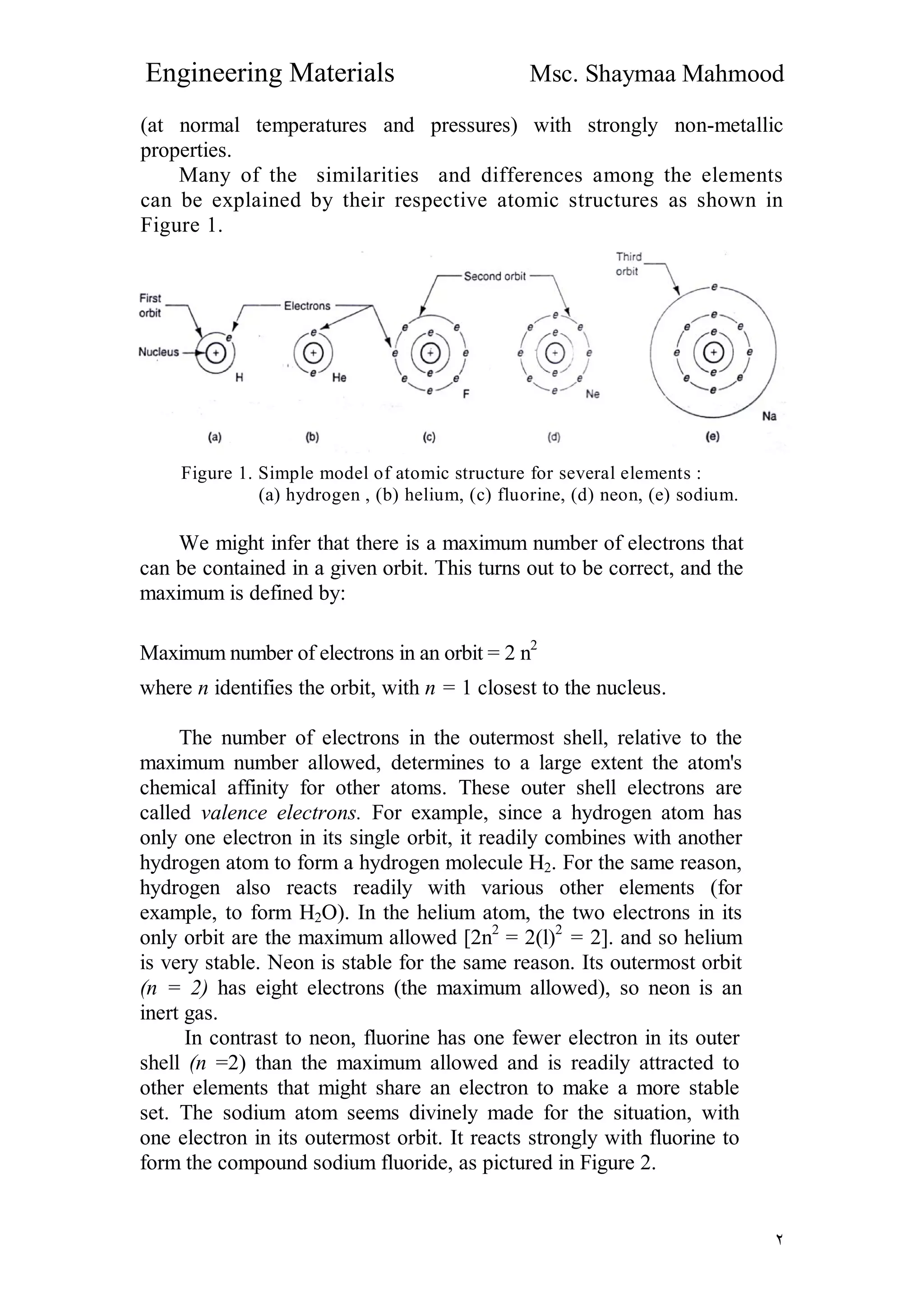 Engineering Materials Msc. Shaymaa Mahmood
٢
(at normal temperatures and pressures) with strongly non-metallic
properties.
Many of the similarities and differences among the elements
can be explained by their respective atomic structures as shown in
Figure 1.
Figure 1. Simple model of atomic structure for several elements :
(a) hydrogen , (b) helium, (c) fluorine, (d) neon, (e) sodium.
We might infer that there is a maximum number of electrons that
can be contained in a given orbit. This turns out to be correct, and the
maximum is defined by:
Maximum number of electrons in an orbit = 2 n2
where n identifies the orbit, with n = 1 closest to the nucleus.
The number of electrons in the outermost shell, relative to the
maximum number allowed, determines to a large extent the atom's
chemical affinity for other atoms. These outer shell electrons are
called valence electrons. For example, since a hydrogen atom has
only one electron in its single orbit, it readily combines with another
hydrogen atom to form a hydrogen molecule H2. For the same reason,
hydrogen also reacts readily with various other elements (for
example, to form H2O). In the helium atom, the two electrons in its
only orbit are the maximum allowed [2n2
= 2(l)2
= 2]. and so helium
is very stable. Neon is stable for the same reason. Its outermost orbit
(n = 2) has eight electrons (the maximum allowed), so neon is an
inert gas.
In contrast to neon, fluorine has one fewer electron in its outer
shell (n =2) than the maximum allowed and is readily attracted to
other elements that might share an electron to make a more stable
set. The sodium atom seems divinely made for the situation, with
one electron in its outermost orbit. It reacts strongly with fluorine to
form the compound sodium fluoride, as pictured in Figure 2.
 