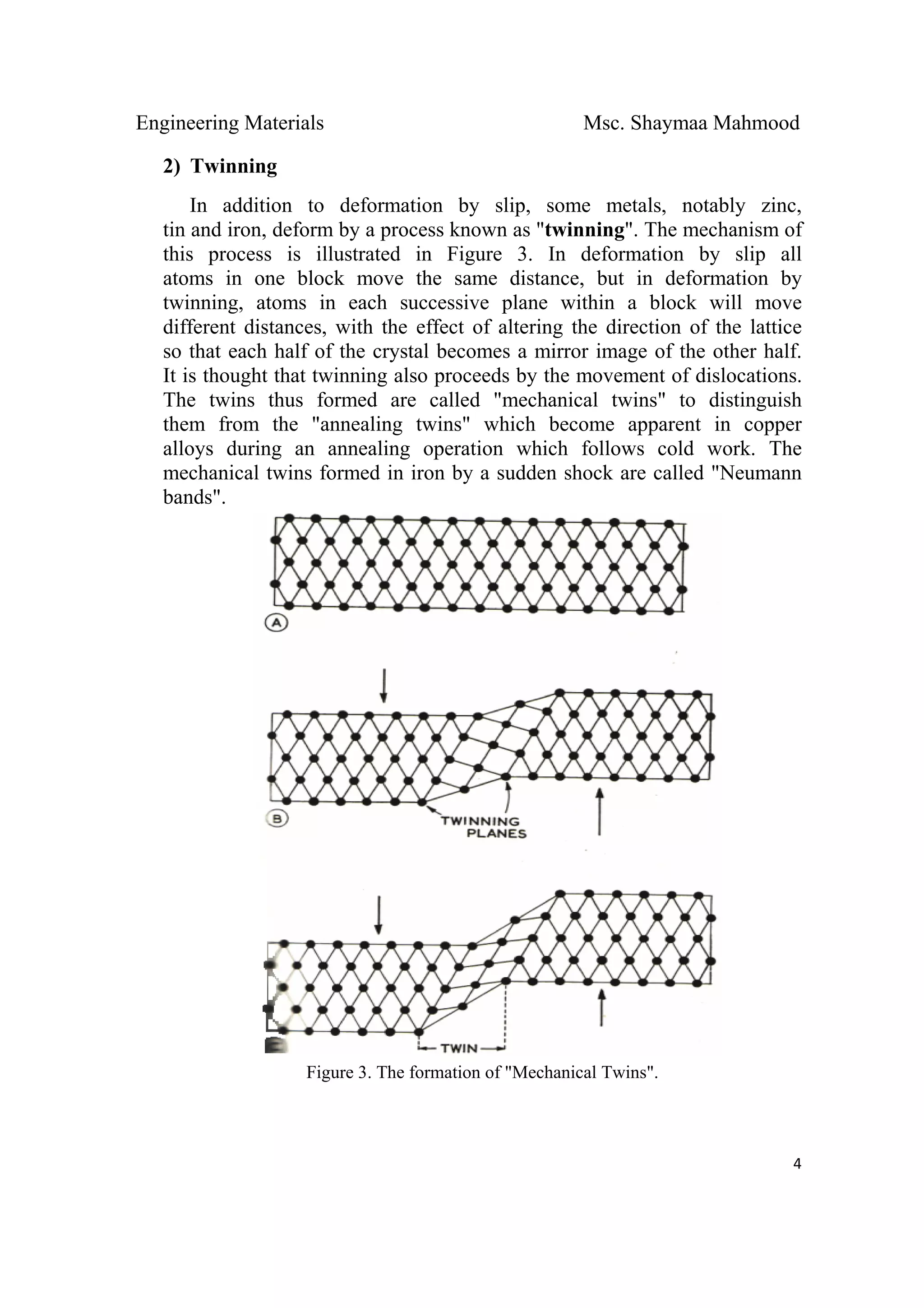 Engineering Materials Msc. Shaymaa Mahmood
 
4
2) Twinning
In addition to deformation by slip, some metals, notably zinc,
tin and iron, deform by a process known as "twinning". The mechanism of
this process is illustrated in Figure 3. In deformation by slip all
atoms in one block move the same distance, but in deformation by
twinning, atoms in each successive plane within a block will move
different distances, with the effect of altering the direction of the lattice
so that each half of the crystal becomes a mirror image of the other half.
It is thought that twinning also proceeds by the movement of dislocations.
The twins thus formed are called "mechanical twins" to distinguish
them from the "annealing twins" which become apparent in copper
alloys during an annealing operation which follows cold work. The
mechanical twins formed in iron by a sudden shock are called "Neumann
bands".
Figure 3. The formation of "Mechanical Twins".
 