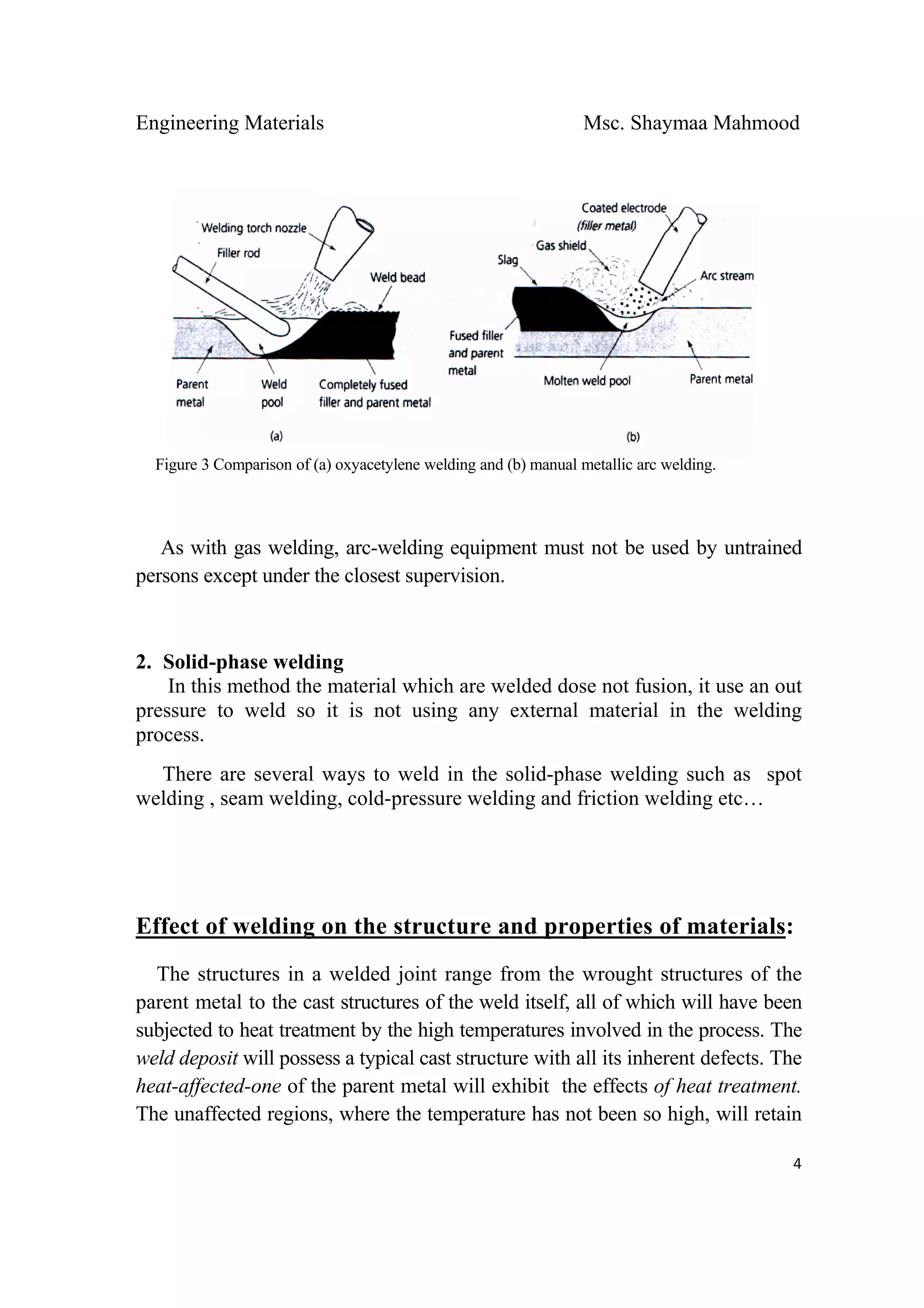 Engineering Materials Msc. Shaymaa Mahmood
 
4
Figure 3 Comparison of (a) oxyacetylene welding and (b) manual metallic arc welding.
As with gas welding, arc-welding equipment must not be used by untrained
persons except under the closest supervision.
2. Solid-phase welding
In this method the material which are welded dose not fusion, it use an out
pressure to weld so it is not using any external material in the welding
process.
There are several ways to weld in the solid-phase welding such as spot
welding , seam welding, cold-pressure welding and friction welding etc…
Effect of welding on the structure and properties of materials:
The structures in a welded joint range from the wrought structures of the
parent metal to the cast structures of the weld itself, all of which will have been
subjected to heat treatment by the high temperatures involved in the process. The
weld deposit will possess a typical cast structure with all its inherent defects. The
heat-affected-one of the parent metal will exhibit the effects of heat treatment.
The unaffected regions, where the temperature has not been so high, will retain
 
