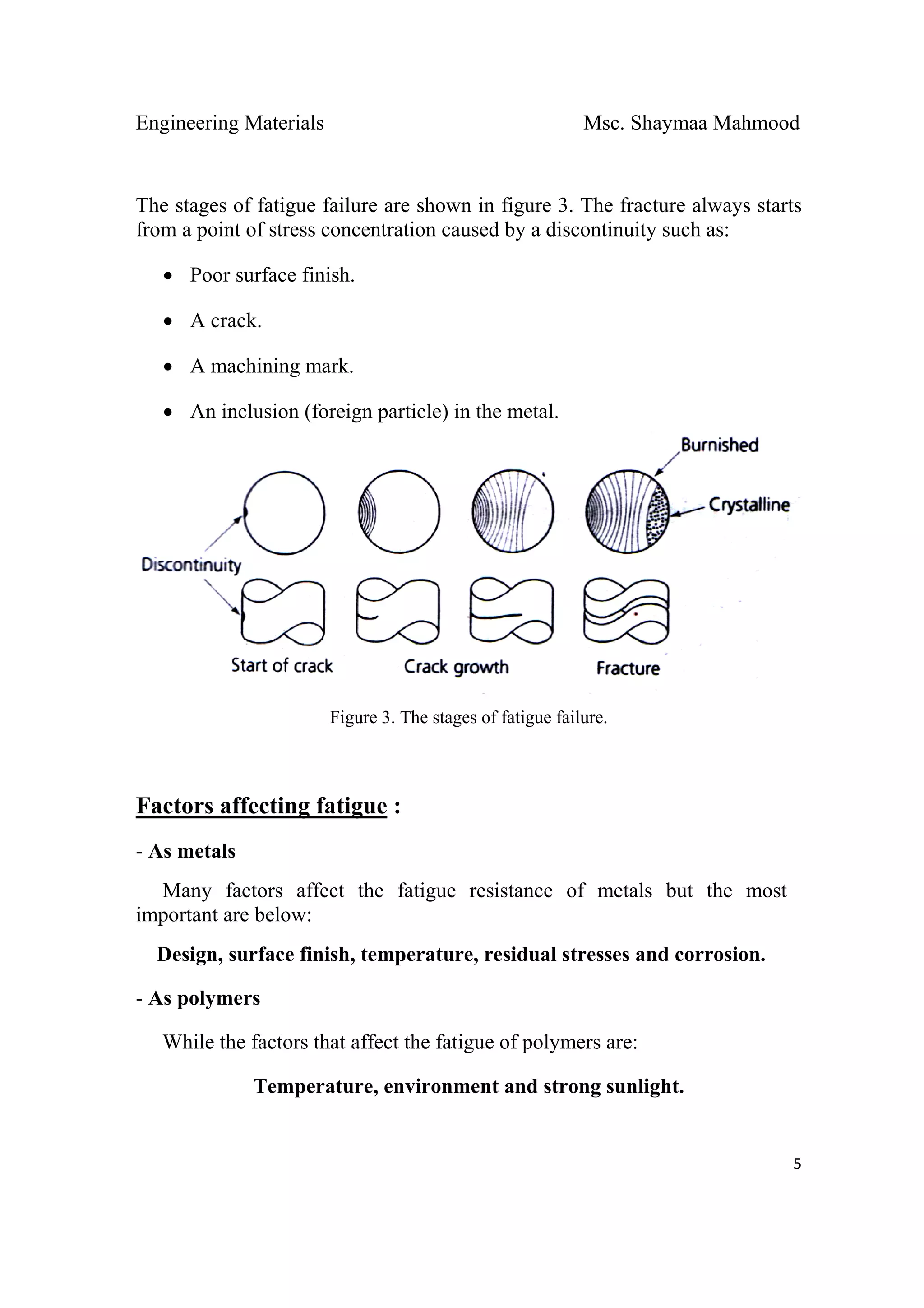 Engineering Materials Msc. Shaymaa Mahmood
 
5
The stages of fatigue failure are shown in figure 3. The fracture always starts
from a point of stress concentration caused by a discontinuity such as:
• Poor surface finish.
• A crack.
• A machining mark.
• An inclusion (foreign particle) in the metal.
Figure 3. The stages of fatigue failure.
Factors affecting fatigue :
- As metals
Many factors affect the fatigue resistance of metals but the most
important are below:
Design, surface finish, temperature, residual stresses and corrosion.
- As polymers
While the factors that affect the fatigue of polymers are:
Temperature, environment and strong sunlight.
 