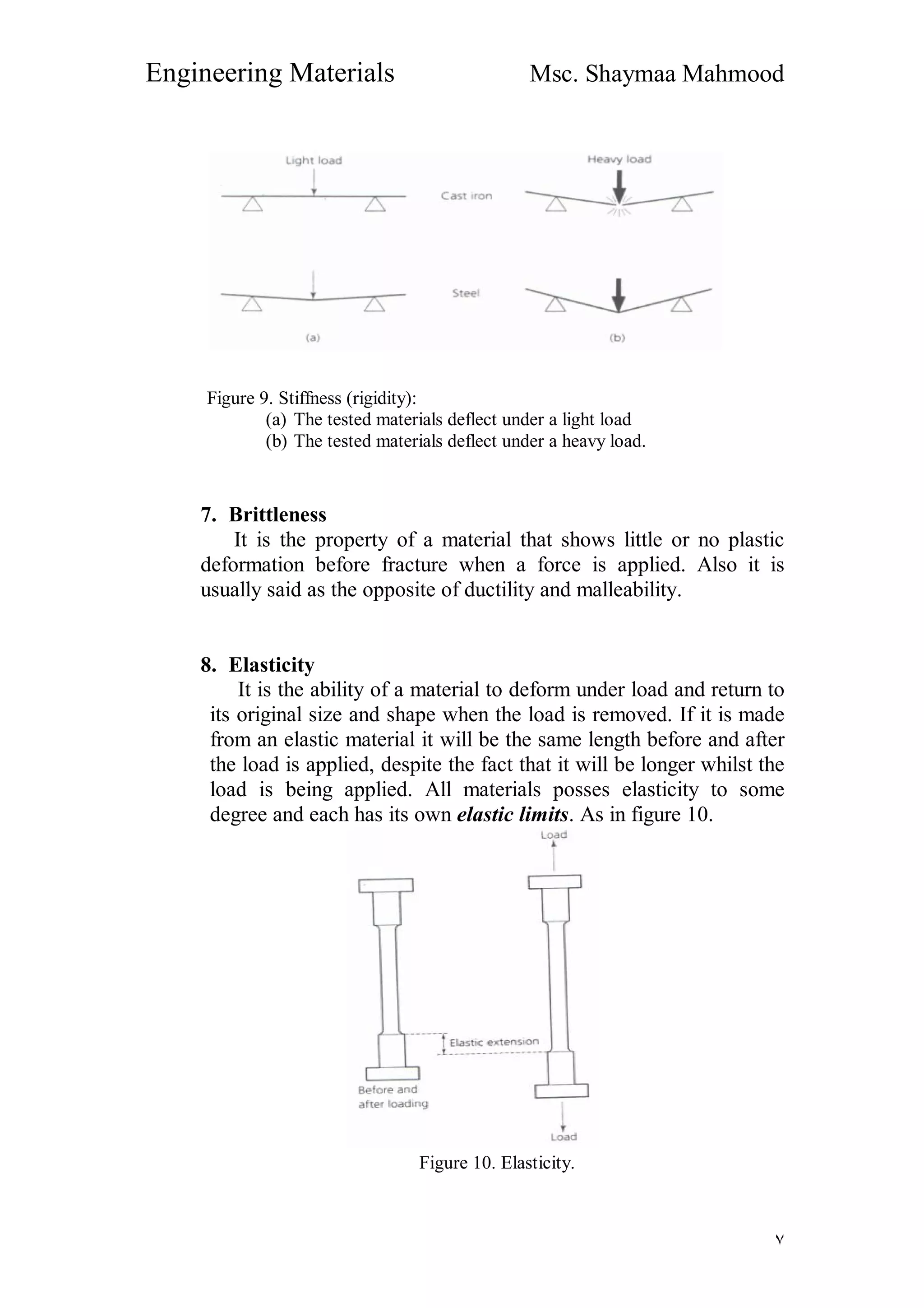 Engineering Materials Msc. Shaymaa Mahmood
٧
Figure 9. Stiffness (rigidity):
(a) The tested materials deflect under a light load
(b) The tested materials deflect under a heavy load.
7. Brittleness
It is the property of a material that shows little or no plastic
deformation before fracture when a force is applied. Also it is
usually said as the opposite of ductility and malleability.
8. Elasticity
It is the ability of a material to deform under load and return to
its original size and shape when the load is removed. If it is made
from an elastic material it will be the same length before and after
the load is applied, despite the fact that it will be longer whilst the
load is being applied. All materials posses elasticity to some
degree and each has its own elastic limits. As in figure 10.
Figure 10. Elasticity.
 