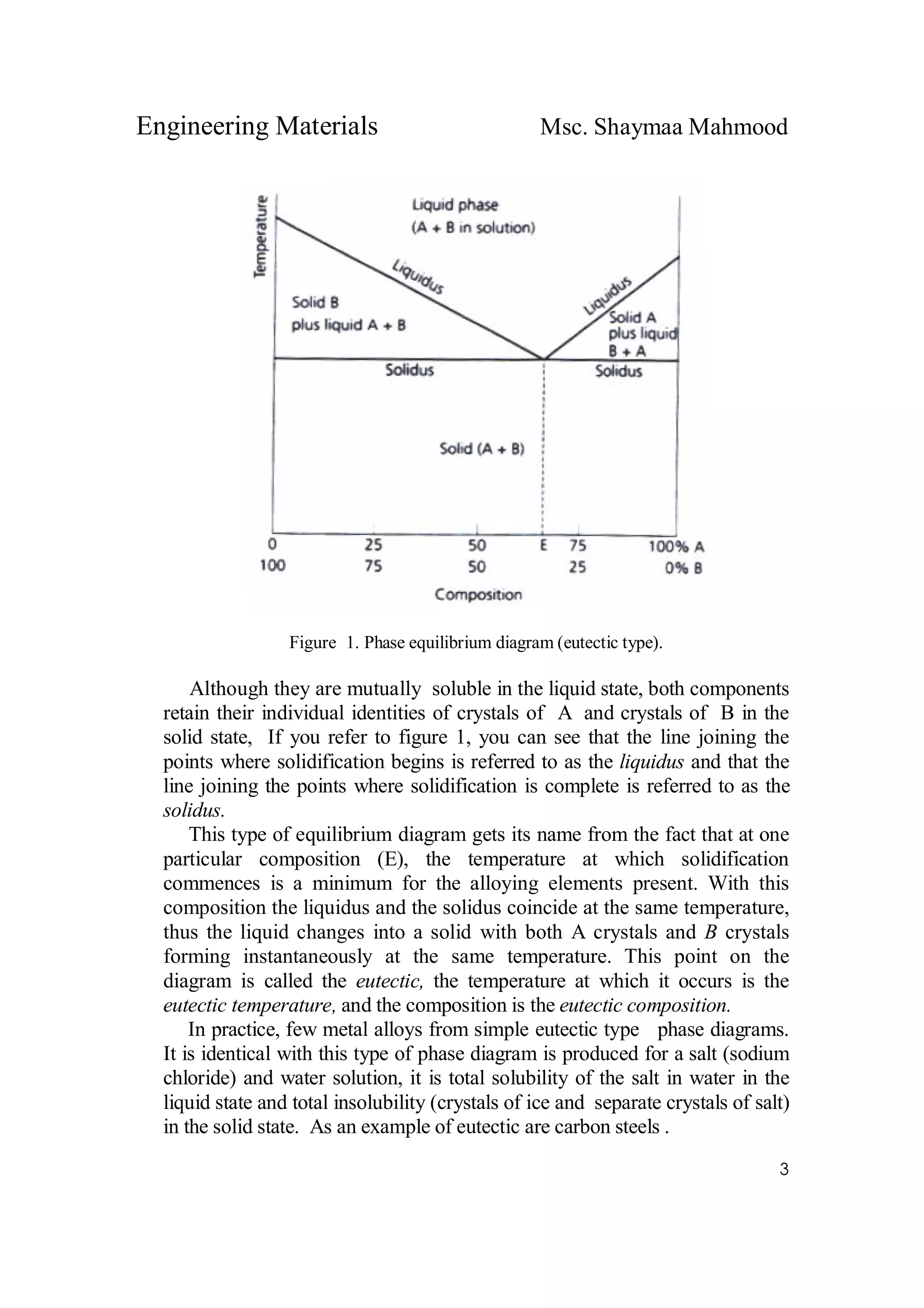 Engineering Materials Msc. Shaymaa Mahmood
3
Figure 1. Phase equilibrium diagram (eutectic type).
Although they are mutually soluble in the liquid state, both components
retain their individual identities of crystals of A and crystals of B in the
solid state, If you refer to figure 1, you can see that the line joining the
points where solidification begins is referred to as the liquidus and that the
line joining the points where solidification is complete is referred to as the
solidus.
This type of equilibrium diagram gets its name from the fact that at one
particular composition (E), the temperature at which solidification
commences is a minimum for the alloying elements present. With this
composition the liquidus and the solidus coincide at the same temperature,
thus the liquid changes into a solid with both A crystals and B crystals
forming instantaneously at the same temperature. This point on the
diagram is called the eutectic, the temperature at which it occurs is the
eutectic temperature, and the composition is the eutectic composition.
In practice, few metal alloys from simple eutectic type phase diagrams.
It is identical with this type of phase diagram is produced for a salt (sodium
chloride) and water solution, it is total solubility of the salt in water in the
liquid state and total insolubility (crystals of ice and separate crystals of salt)
in the solid state. As an example of eutectic are carbon steels .
 