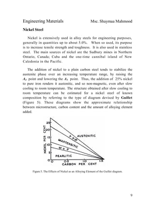 Engineering Materials Msc. Shaymaa Mahmood
9
Nickel Steel
Nickel is extensively used in alloy steels for engineering purposes,
generally in quantities up to about 5.0%. When so used, its purpose
is to increase tensile strength and toughness. It is also used in stainless
steel. The main sources of nickel are the Sudbury mines in Northern
Ontario, Canada; Cuba and the one-time cannibal island of New
Caledonia in the Pacific.
The addition of nickel to a plain carbon steel tends to stabilize the
austenite phase over an increasing temperature range, by raising the
A4 point and lowering the A3 point. Thus, the addition of 25% nickel
to pure iron renders it austenitic, and so non-magnetic, even after slow
cooling to room temperature. The structure obtained after slow cooling to
room temperature can be estimated for a nickel steel of known
composition by referring to the type of diagram devised by Guillet
(Figure 5). These diagrams show the approximate relationship
between microstructure, carbon content and the amount of alloying element
added.
Figure 5. The Effects of Nickel as an Alloying Element of the Guillet diagram.
 