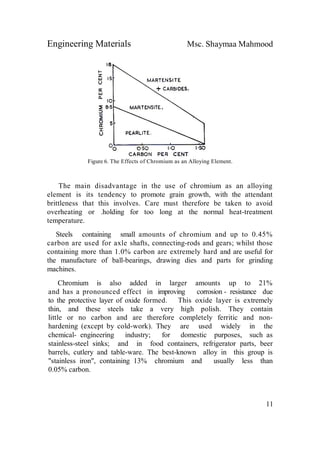Engineering Materials Msc. Shaymaa Mahmood
11
Figure 6. The Effects of Chromium as an Alloying Element.
The main disadvantage in the use of chromium as an alloying
element is its tendency to promote grain growth, with the attendant
brittleness that this involves. Care must therefore be taken to avoid
overheating or .holding for too long at the normal heat-treatment
temperature.
Steels containing small amounts of chromium and up to 0.45%
carbon are used for axle shafts, connecting-rods and gears; whilst those
containing more than 1.0% carbon are extremely hard and are useful for
the manufacture of ball-bearings, drawing dies and parts for grinding
machines.
Chromium is also added in larger amounts up to 21%
and has a pronounced effect in improving corrosion - resistance due
to the protective layer of oxide formed. This oxide layer is extremely
thin, and these steels take a very high polish. They contain
little or no carbon and are therefore completely ferritic and non-
hardening (except by cold-work). They are used widely in the
chemical- engineering industry; for domestic purposes, such as
stainless-steel sinks; and in food containers, refrigerator parts, beer
barrels, cutlery and table-ware. The best-known alloy in this group is
"stainless iron", containing 13% chromium and usually less than
0.05% carbon.
 