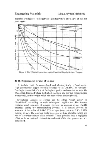 Engineering Materials Msc. Shaymaa Mahmood
11
example, will reduce the electrical conductivity to about 75% of that for
pure copper.
Figure 3. The Effect of Impurities on the Electrical Conductivity of Copper.
2) The Commercial Grades of Copper
It include both furnace-refined and electrolytically refined metal.
High-conductivity copper (usually referred to as O.F.H.C. or "oxygen-
free high conductivity") is of the highest purity, and contains at least 99-
9% copper. It is used where the highest electrical and thermal conductivities
are required, and is copper which has been refined electrolytically.
Fire-refined ..grades of copper can be either "tough pitch" or
"deoxidised" according to their subsequent application. The former
contains small amounts of oxygen (present as cuprous oxide, Cu2O)
absorbed during the manufacturing process. It is usually present in
amounts of the order of 0.04-0.05% oxygen (equivalent to 0.45- 0.55%
cuprous oxide). The cuprous oxide is present as tiny globules, which are
part of a copper-cuprous oxide eutectic. These globules have a negligible
effect as far as electrical conductivity, and most of the other properties, are
concerned.
 