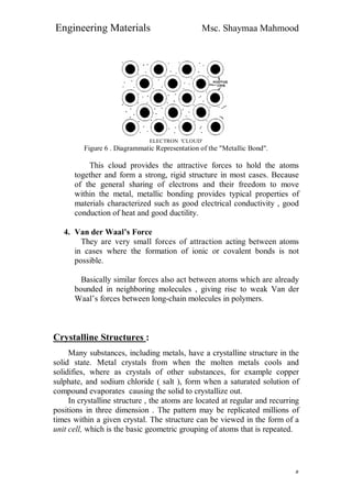 Engineering Materials Msc. Shaymaa Mahmood
٥
ELECTRON 'CLOUD'
Figure 6 . Diagrammatic Representation of the "Metallic Bond".
This cloud provides the attractive forces to hold the atoms
together and form a strong, rigid structure in most cases. Because
of the general sharing of electrons and their freedom to move
within the metal, metallic bonding provides typical properties of
materials characterized such as good electrical conductivity , good
conduction of heat and good ductility.
4. Van der Waal’s Force
They are very small forces of attraction acting between atoms
in cases where the formation of ionic or covalent bonds is not
possible.
Basically similar forces also act between atoms which are already
bounded in neighboring molecules , giving rise to weak Van der
Waal’s forces between long-chain molecules in polymers.
Crystalline Structures :
Many substances, including metals, have a crystalline structure in the
solid state. Metal crystals from when the molten metals cools and
solidifies, where as crystals of other substances, for example copper
sulphate, and sodium chloride ( salt ), form when a saturated solution of
compound evaporates causing the solid to crystallize out.
In crystalline structure , the atoms are located at regular and recurring
positions in three dimension . The pattern may be replicated millions of
times within a given crystal. The structure can be viewed in the form of a
unit cell, which is the basic geometric grouping of atoms that is repeated.
 
