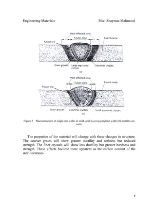 Engineering Materials Msc. Shaymaa Mahmood
 
8
Figure 5 Macrostructure of single-run welds in mild steel: (a) oxyacetylene weld; (b) metallic arc
weld.
The properties of the material will change with these changes in structure.
The coarser grains will show greater ductility and softness but reduced
strength. The finer crystals will show less ductility but greater hardness and
strength. These effects become more apparent as the carbon content of the
steel increases.
 