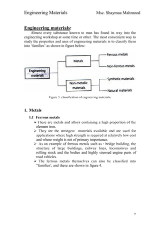Engineering Materials Msc. Shaymaa Mahmood
٣
Engineering materials:
Almost every substance known to man has found its way into the
engineering workshop at some time or other. The most convenient way to
study the properties and uses of engineering materials is to classify them
into ‘families’ as shown in figure below:
Figure 3. classification of engineering materials.
1. Metals
1.1 Ferrous metals
 These are metals and alloys containing a high proportion of the
element iron.
 They are the strongest materials available and are used for
applications where high strength is required at relatively low cost
and where weight is not of primary importance.
 As an example of ferrous metals such as : bridge building, the
structure of large buildings, railway lines, locomotives and
rolling stock and the bodies and highly stressed engine parts of
road vehicles.
 The ferrous metals themselves can also be classified into
"families', and these are shown in figure 4.
 