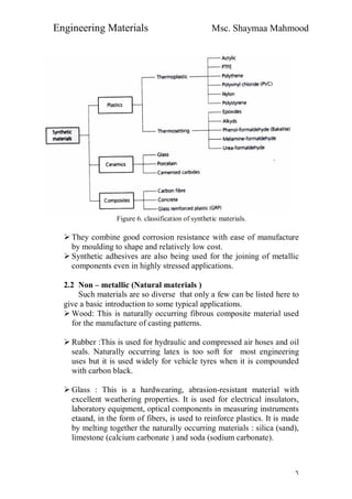 Engineering Materials Msc. Shaymaa Mahmood
٦
Figure 6. classification of synthetic materials.
 They combine good corrosion resistance with ease of manufacture
by moulding to shape and relatively low cost.
 Synthetic adhesives are also being used for the joining of metallic
components even in highly stressed applications.
2.2 Non – metallic (Natural materials )
Such materials are so diverse that only a few can be listed here to
give a basic introduction to some typical applications.
 Wood: This is naturally occurring fibrous composite material used
for the manufacture of casting patterns.
 Rubber :This is used for hydraulic and compressed air hoses and oil
seals. Naturally occurring latex is too soft for most engineering
uses but it is used widely for vehicle tyres when it is compounded
with carbon black.
 Glass : This is a hardwearing, abrasion-resistant material with
excellent weathering properties. It is used for electrical insulators,
laboratory equipment, optical components in measuring instruments
etaand, in the form of fibers, is used to reinforce plastics. It is made
by melting together the naturally occurring materials : silica (sand),
limestone (calcium carbonate ) and soda (sodium carbonate).
 