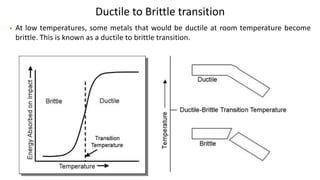 Ductile to Brittle transition
• At low temperatures, some metals that would be ductile at room temperature become
brittle. This is known as a ductile to brittle transition.
 