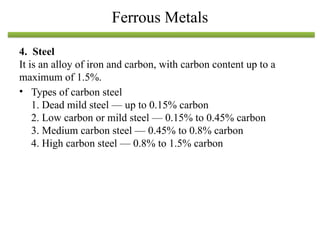 4. Steel
It is an alloy of iron and carbon, with carbon content up to a
maximum of 1.5%.
• Types of carbon steel
1. Dead mild steel — up to 0.15% carbon
2. Low carbon or mild steel — 0.15% to 0.45% carbon
3. Medium carbon steel — 0.45% to 0.8% carbon
4. High carbon steel — 0.8% to 1.5% carbon
Ferrous Metals
 