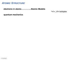 11/5/2022
8
electrons in atoms………….. Atomic Models
ATOMIC STRUCTURE
quantum mechanics
‫مشعة‬ ‫نظائر‬ isotopes
 