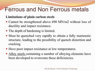 Ferrous and Non Ferrous metals
Limitations of plain carbon steels
 Cannot be strengthened above 690 MN/m2 without loss of
ductility and impact resistance.
 The depth of hardening is limited.
 Must be quenched very rapidly to obtain a fully martenstic
structure, leading to the possibility of quench distortion and
cracking.
 Have poor impact resistance at low temperatures.
 Alloy steels containing a number of alloying elements have
been developed to overcome these deficiencies.
Dr.K.RaviKumar Dr.N.G.P.Institute of Technology
 