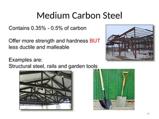 14
Medium Carbon Steel
Contains 0.35% - 0.5% of carbon
Offer more strength and hardness BUT
less ductile and malleable
Examples are:
Structural steel, rails and garden tools
 