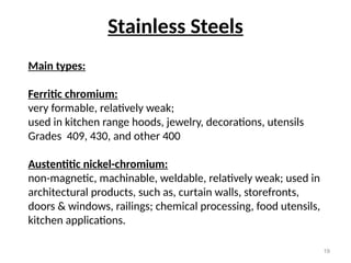 19
Stainless Steels
Main types:
Ferritic chromium:
very formable, relatively weak;
used in kitchen range hoods, jewelry, decorations, utensils
Grades 409, 430, and other 400
Austentitic nickel-chromium:
non-magnetic, machinable, weldable, relatively weak; used in
architectural products, such as, curtain walls, storefronts,
doors & windows, railings; chemical processing, food utensils,
kitchen applications.
 
