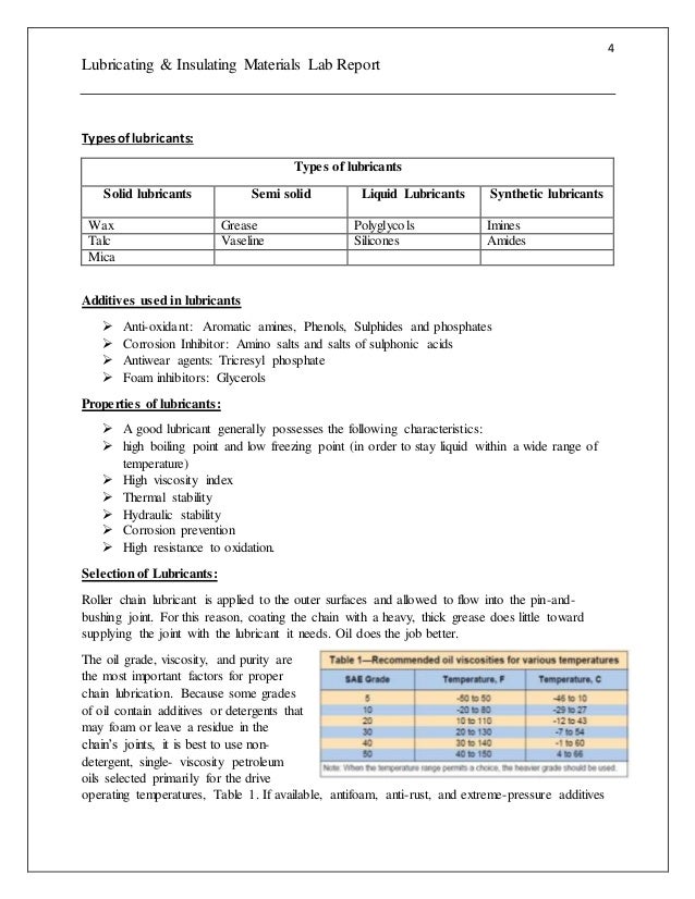 Engineering materials lab report (Lubricating & Insulating Material)s