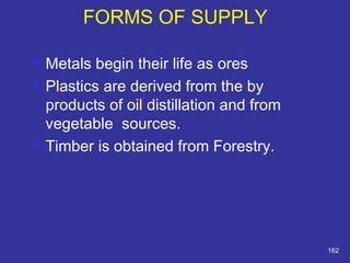  Metals begin their life as ores 
 Plastics are derived from the by 
products of oil distillation and from 
vegetable sources. 
 Timber is obtained from Forestry. 
162 
FORMS OF SUPPLY 
 