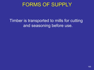 Timber is transported to mills for cutting 
and seasoning before use. 
165 
FORMS OF SUPPLY 
 