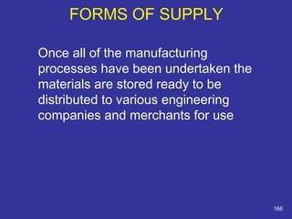 Once all of the manufacturing 
processes have been undertaken the 
materials are stored ready to be 
distributed to various engineering 
companies and merchants for use 
166 
FORMS OF SUPPLY 
 