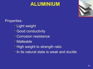 Properties: 
Light weight 
Good conductivity 
Corrosion resistance 
Malleable 
High weight to strength ratio 
In its natural state is weak and ductile 
53 
ALUMINIUM 
 
