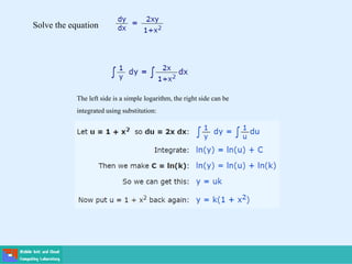 Solve the equation
The left side is a simple logarithm, the right side can be
integrated using substitution:
 