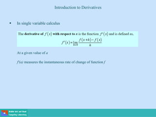  In single variable calculus
At a given value of a
f′(a) measures the instantaneous rate of change of function f
Introduction to Derivatives
 