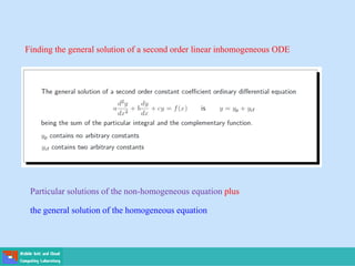 Finding the general solution of a second order linear inhomogeneous ODE
Particular solutions of the non-homogeneous equation plus
the general solution of the homogeneous equation
 