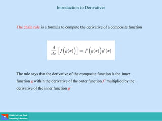 Introduction to Derivatives
The chain rule is a formula to compute the derivative of a composite function
The rule says that the derivative of the composite function is the inner
function g within the derivative of the outer function f’ multiplied by the
derivative of the inner function g’
 