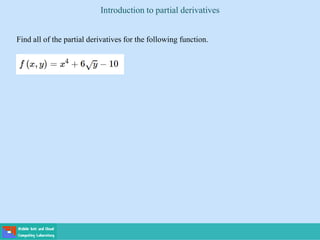 Find all of the partial derivatives for the following function.
Introduction to partial derivatives
 
