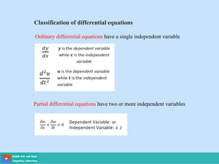 Classification of differential equations
Ordinary differential equations have a single independent variable
Partial differential equations have two or more independent variables
 