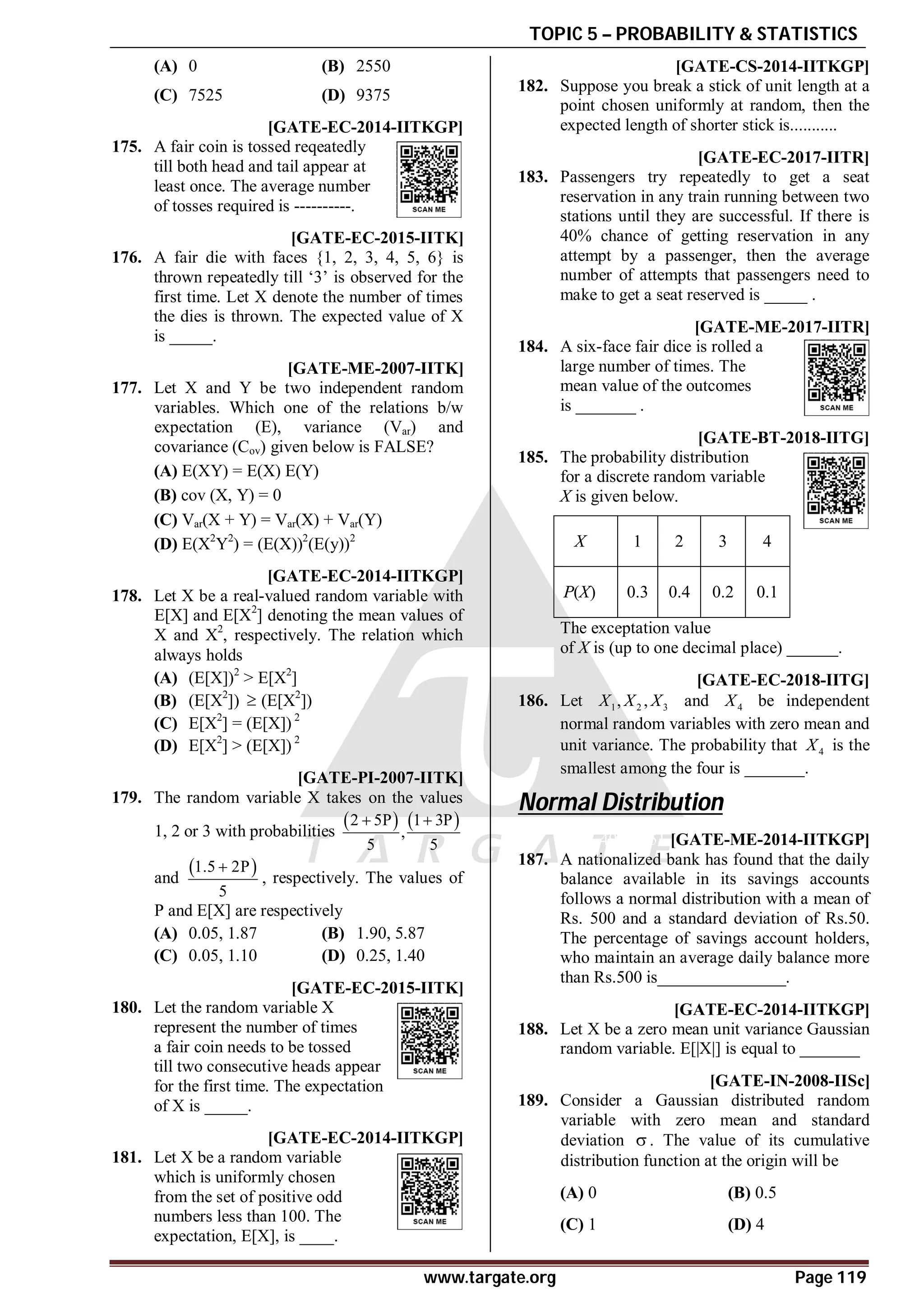 TOPIC 5 – PROBABILITY & STATISTICS
www.targate.org Page 119
(A) 0 (B) 2550
(C) 7525 (D) 9375
2.9to3.1 [GATE-EC-2014-IITKGP]
175. A fair coin is tossed reqeatedly
till both head and tail appear at
least once. The average number
of tosses required is ----------.
A6 [GATE-EC-2015-IITK]
176. A fair die with faces {1, 2, 3, 4, 5, 6} is
thrown repeatedly till ‘3’ is observed for the
first time. Let X denote the number of times
the dies is thrown. The expected value of X
is _____.
D [GATE-ME-2007-IITK]
177. Let X and Y be two independent random
variables. Which one of the relations b/w
expectation (E), variance (Var) and
covariance (Cov) given below is FALSE?
(A) E(XY) = E(X) E(Y)
(B) cov (X, Y) = 0
(C) Var(X + Y) = Var(X) + Var(Y)
(D) E(X2
Y2
) = (E(X))2
(E(y))2
AB [GATE-EC-2014-IITKGP]
178. Let X be a real-valued random variable with
E[X] and E[X2
] denoting the mean values of
X and X2
, respectively. The relation which
always holds
(A) (E[X])2
> E[X2
]
(B) (E[X2
])  (E[X2
])
(C) E[X2
] = (E[X]) 2
(D) E[X2
] > (E[X]) 2
AA [GATE-PI-2007-IITK]
179. The random variable X takes on the values
1, 2 or 3 with probabilities
   
2 5P 1 3P
,
5 5
 
and
 
1.5 2P
5

, respectively. The values of
P and E[X] are respectively
(A) 0.05, 1.87 (B) 1.90, 5.87
(C) 0.05, 1.10 (D) 0.25, 1.40
A1.5 [GATE-EC-2015-IITK]
180. Let the random variable X
represent the number of times
a fair coin needs to be tossed
till two consecutive heads appear
for the first time. The expectation
of X is _____.
49.9 TO 50.1 [GATE-EC-2014-IITKGP]
181. Let X be a random variable
which is uniformly chosen
from the set of positive odd
numbers less than 100. The
expectation, E[X], is ____.
A0.25 [GATE-CS-2014-IITKGP]
182. Suppose you break a stick of unit length at a
point chosen uniformly at random, then the
expected length of shorter stick is...........
A2.4-2.6 [GATE-EC-2017-IITR]
183. Passengers try repeatedly to get a seat
reservation in any train running between two
stations until they are successful. If there is
40% chance of getting reservation in any
attempt by a passenger, then the average
number of attempts that passengers need to
make to get a seat reserved is _____ .
A3.5 [GATE-ME-2017-IITR]
184. A six-face fair dice is rolled a
large number of times. The
mean value of the outcomes
is _______ .
A2.1 to 2.1 [GATE-BT-2018-IITG]
185. The probability distribution
for a discrete random variable
X is given below.
X 1 2 3 4
P(X) 0.3 0.4 0.2 0.1
The exceptation value
of X is (up to one decimal place) ______.
A0.25 [GATE-EC-2018-IITG]
186. Let 1 2 3
, ,
X X X and 4
X be independent
normal random variables with zero mean and
unit variance. The probability that 4
X is the
smallest among the four is _______.
Normal Distribution
49 TO 51 [GATE-ME-2014-IITKGP]
187. A nationalized bank has found that the daily
balance available in its savings accounts
follows a normal distribution with a mean of
Rs. 500 and a standard deviation of Rs.50.
The percentage of savings account holders,
who maintain an average daily balance more
than Rs.500 is_______________.
0.79-3.01 [GATE-EC-2014-IITKGP]
188. Let X be a zero mean unit variance Gaussian
random variable. E[|X|] is equal to _______
B [GATE-IN-2008-IISc]
189. Consider a Gaussian distributed random
variable with zero mean and standard
deviation  . The value of its cumulative
distribution function at the origin will be
(A) 0 (B) 0.5
(C) 1 (D) 4
 