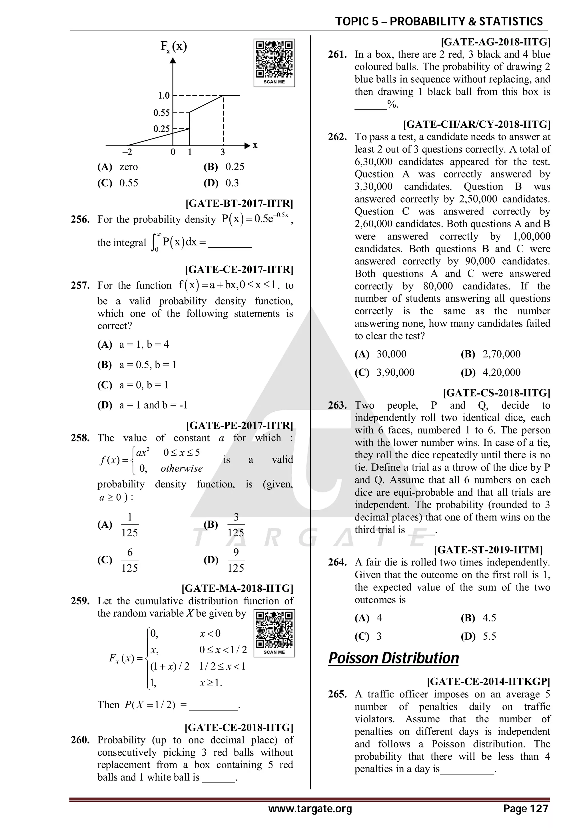 TOPIC 5 – PROBABILITY & STATISTICS
www.targate.org Page 127
(A) zero (B) 0.25
(C) 0.55 (D) 0.3
A1 [GATE-BT-2017-IITR]
256. For the probability density   0.5x
P x 0.5e
 ,
the integral  
0
P x dx ________



AB [GATE-CE-2017-IITR]
257. For the function  
f x a bx,0 x 1
    , to
be a valid probability density function,
which one of the following statements is
correct?
(A) a = 1, b = 4
(B) a = 0.5, b = 1
(C) a = 0, b = 1
(D) a = 1 and b = -1
AB [GATE-PE-2017-IITR]
258. The value of constant a for which :
2
0 5
( )
0,
ax x
f x
otherwise
 

 

is a valid
probability density function, is (given,
0
a  ) :
(A)
1
125
(B)
3
125
(C)
6
125
(D)
9
125
A0.25 [GATE-MA-2018-IITG]
259. Let the cumulative distribution function of
the random variable X be given by
0, 0
, 0 1/ 2
( )
(1 ) / 2 1/ 2 1
1, 1.
X
x
x x
F x
x x
x


  

 
  

 

Then ( 1/ 2)
P X  = _________.
A0.5 [GATE-CE-2018-IITG]
260. Probability (up to one decimal place) of
consecutively picking 3 red balls without
replacement from a box containing 5 red
balls and 1 white ball is ______.
A6.80 to 7.20 [GATE-AG-2018-IITG]
261. In a box, there are 2 red, 3 black and 4 blue
coloured balls. The probability of drawing 2
blue balls in sequence without replacing, and
then drawing 1 black ball from this box is
______%.
AD [GATE-CH/AR/CY-2018-IITG]
262. To pass a test, a candidate needs to answer at
least 2 out of 3 questions correctly. A total of
6,30,000 candidates appeared for the test.
Question A was correctly answered by
3,30,000 candidates. Question B was
answered correctly by 2,50,000 candidates.
Question C was answered correctly by
2,60,000 candidates. Both questions A and B
were answered correctly by 1,00,000
candidates. Both questions B and C were
answered correctly by 90,000 candidates.
Both questions A and C were answered
correctly by 80,000 candidates. If the
number of students answering all questions
correctly is the same as the number
answering none, how many candidates failed
to clear the test?
(A) 30,000 (B) 2,70,000
(C) 3,90,000 (D) 4,20,000
A0.021 to 0.024 [GATE-CS-2018-IITG]
263. Two people, P and Q, decide to
independently roll two identical dice, each
with 6 faces, numbered 1 to 6. The person
with the lower number wins. In case of a tie,
they roll the dice repeatedly until there is no
tie. Define a trial as a throw of the dice by P
and Q. Assume that all 6 numbers on each
dice are equi-probable and that all trials are
independent. The probability (rounded to 3
decimal places) that one of them wins on the
third trial is _____.
AB T5.2 [GATE-ST-2019-IITM]
264. A fair die is rolled two times independently.
Given that the outcome on the first roll is 1,
the expected value of the sum of the two
outcomes is
(A) 4 (B) 4.5
(C) 3 (D) 5.5
Poisson Distribution
0.265 [GATE-CE-2014-IITKGP]
265. A traffic officer imposes on an average 5
number of penalties daily on traffic
violators. Assume that the number of
penalties on different days is independent
and follows a Poisson distribution. The
probability that there will be less than 4
penalties in a day is__________.
 