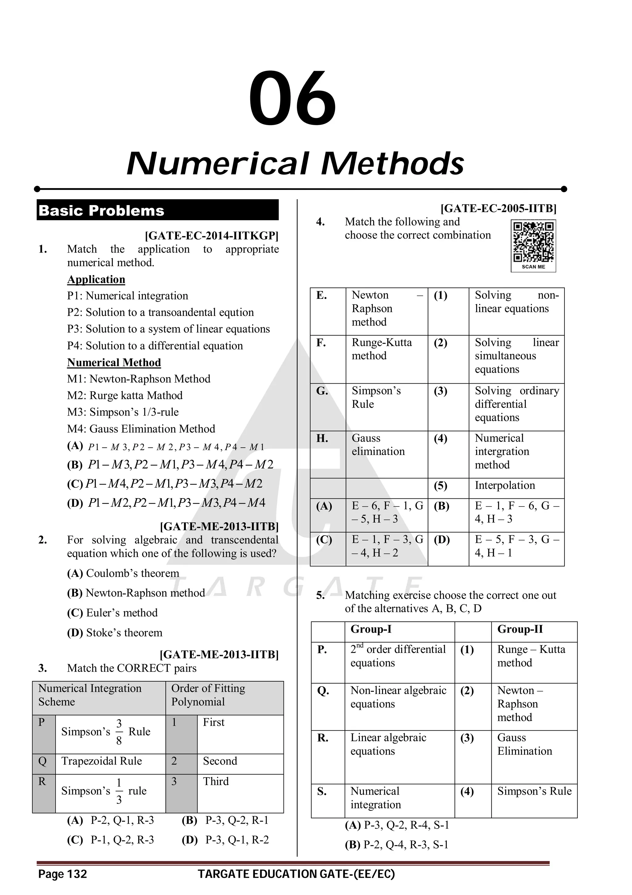 Page 132 TARGATE EDUCATION GATE-(EE/EC)
06
Numerical Methods
Basic Problems
B [GATE-EC-2014-IITKGP]
1. Match the application to appropriate
numerical method.
Application
P1: Numerical integration
P2: Solution to a transoandental eqution
P3: Solution to a system of linear equations
P4: Solution to a differential equation
Numerical Method
M1: Newton-Raphson Method
M2: Rurge katta Mathod
M3: Simpson’s 1/3-rule
M4: Gauss Elimination Method
(A) 1 3, 2 2, 3 4, 4 1
P M P M P M P M
   
(B) 1 3, 2 1, 3 4, 4 2
P M P M P M P M
   
(C) 1 4, 2 1, 3 3, 4 2
P M P M P M P M
   
(D) 1 2, 2 1, 3 3, 4 4
P M P M P M P M
   
B [GATE-ME-2013-IITB]
2. For solving algebraic and transcendental
equation which one of the following is used?
(A) Coulomb’s theorem
(B) Newton-Raphson method
(C) Euler’s method
(D) Stoke’s theorem
AD [GATE-ME-2013-IITB]
3. Match the CORRECT pairs
Numerical Integration
Scheme
Order of Fitting
Polynomial
P
Simpson’s
3
8
Rule
1 First
Q Trapezoidal Rule 2 Second
R
Simpson’s
1
3
rule
3 Third
(A) P-2, Q-1, R-3 (B) P-3, Q-2, R-1
(C) P-1, Q-2, R-3 (D) P-3, Q-1, R-2
C [GATE-EC-2005-IITB]
4. Match the following and
choose the correct combination
E. Newton –
Raphson
method
(1) Solving non-
linear equations
F. Runge-Kutta
method
(2) Solving linear
simultaneous
equations
G. Simpson’s
Rule
(3) Solving ordinary
differential
equations
H. Gauss
elimination
(4) Numerical
intergration
method
(5) Interpolation
(A) E – 6, F – 1, G
– 5, H – 3
(B) E – 1, F – 6, G –
4, H – 3
(C) E – 1, F – 3, G
– 4, H – 2
(D) E – 5, F – 3, G –
4, H – 1
C
5. Matching exercise choose the correct one out
of the alternatives A, B, C, D
Group-I Group-II
P. 2nd
order differential
equations
(1) Runge – Kutta
method
Q. Non-linear algebraic
equations
(2) Newton –
Raphson
method
R. Linear algebraic
equations
(3) Gauss
Elimination
S. Numerical
integration
(4) Simpson’s Rule
(A) P-3, Q-2, R-4, S-1
(B) P-2, Q-4, R-3, S-1
 
