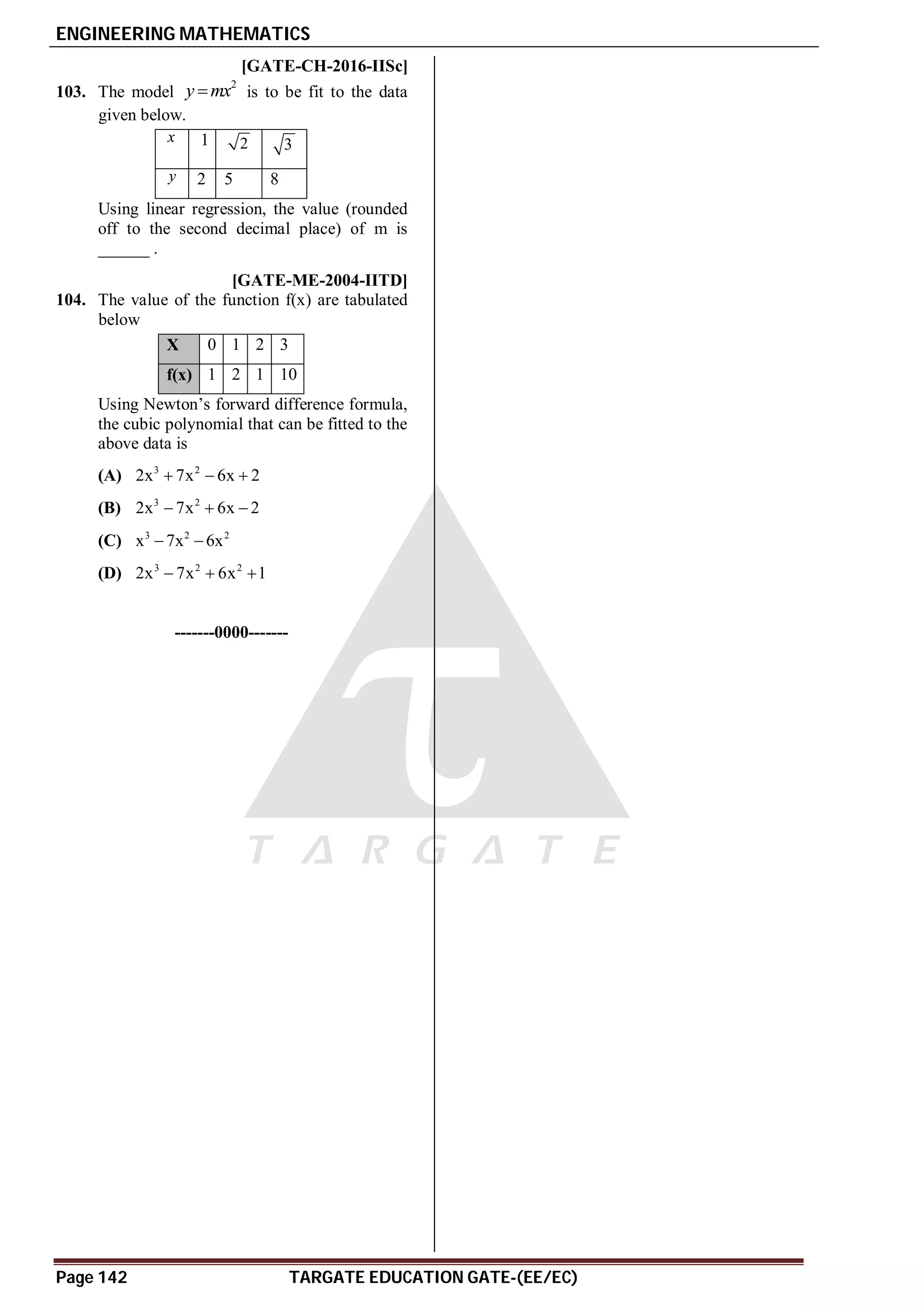 ENGINEERING MATHEMATICS
Page 142 TARGATE EDUCATION GATE-(EE/EC)
AT5.2, 2.25-2.72 [GATE-CH-2016-IISc]
103. The model
2
y mx
 is to be fit to the data
given below.
x 1 2 3
y 2 5 8
Using linear regression, the value (rounded
off to the second decimal place) of m is
______ .
AD [GATE-ME-2004-IITD]
104. The value of the function f(x) are tabulated
below
X 0 1 2 3
f(x) 1 2 1 10
Using Newton’s forward difference formula,
the cubic polynomial that can be fitted to the
above data is
(A) 3 2
2x 7x 6x 2
  
(B) 3 2
2x 7x 6x 2
  
(C) 3 2 2
x 7x 6x
 
(D) 3 2 2
2x 7x 6x 1
  
-------0000-------
 