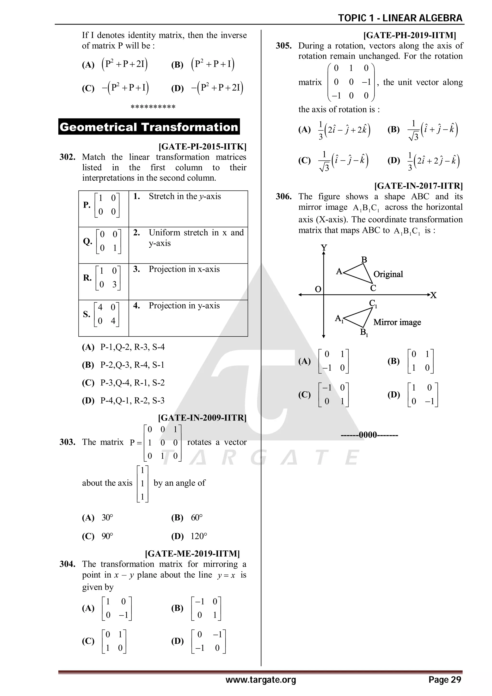 TOPIC 1 - LINEAR ALGEBRA
www.targate.org Page 29
If I denotes identity matrix, then the inverse
of matrix P will be :
(A)  
2
P P 2I
  (B)  
2
P P I
 
(C)  
2
P P I
   (D)  
2
P P 2I
  
**********
Geometrical Transformation
AC [GATE-PI-2015-IITK]
302. Match the linear transformation matrices
listed in the first column to their
interpretations in the second column.
P.
1 0
0 0
 
 
 
1. Stretch in the y-axis
Q.
0 0
0 1
 
 
 
2. Uniform stretch in x and
y-axis
R.
1 0
0 3
 
 
 
3. Projection in x-axis
S.
4 0
0 4
 
 
 
4. Projection in y-axis
(A) P-1,Q-2, R-3, S-4
(B) P-2,Q-3, R-4, S-1
(C) P-3,Q-4, R-1, S-2
(D) P-4,Q-1, R-2, S-3
AD [GATE-IN-2009-IITR]
303. The matrix
0 0 1
P 1 0 0
0 1 0
 
 
  
 
 
rotates a vector
about the axis
1
1
1
 
 
 
 
 
by an angle of
(A) 30 (B) 60
(C) 90 (D) 120
AC T1 [GATE-ME-2019-IITM]
304. The transformation matrix for mirroring a
point in x – y plane about the line y x
 is
given by
(A)
1 0
0 1
 
 

 
(B)
1 0
0 1

 
 
 
(C)
0 1
1 0
 
 
 
(D)
0 1
1 0

 
 

 
AB T1 [GATE-PH-2019-IITM]
305. During a rotation, vectors along the axis of
rotation remain unchanged. For the rotation
matrix
0 1 0
0 0 1
1 0 0
 
 

 
 

 
, the unit vector along
the axis of rotation is :
(A)  
1 ˆ
ˆ ˆ
2 2
3
i j k
  (B)  
1 ˆ
ˆ ˆ
3
i j k
 
(C)  
1 ˆ
ˆ ˆ
3
i j k
  (D)  
1 ˆ
ˆ ˆ
2 2
3
i j k
 
AD [GATE-IN-2017-IITR]
306. The figure shows a shape ABC and its
mirror image 1 1 1
A B C across the horizontal
axis (X-axis). The coordinate transformation
matrix that maps ABC to 1 1 1
A B C is :
(A)
0 1
1 0
 
 

 
(B)
0 1
1 0
 
 
 
(C)
1 0
0 1

 
 
 
(D)
1 0
0 1
 
 

 
------0000-------
 
