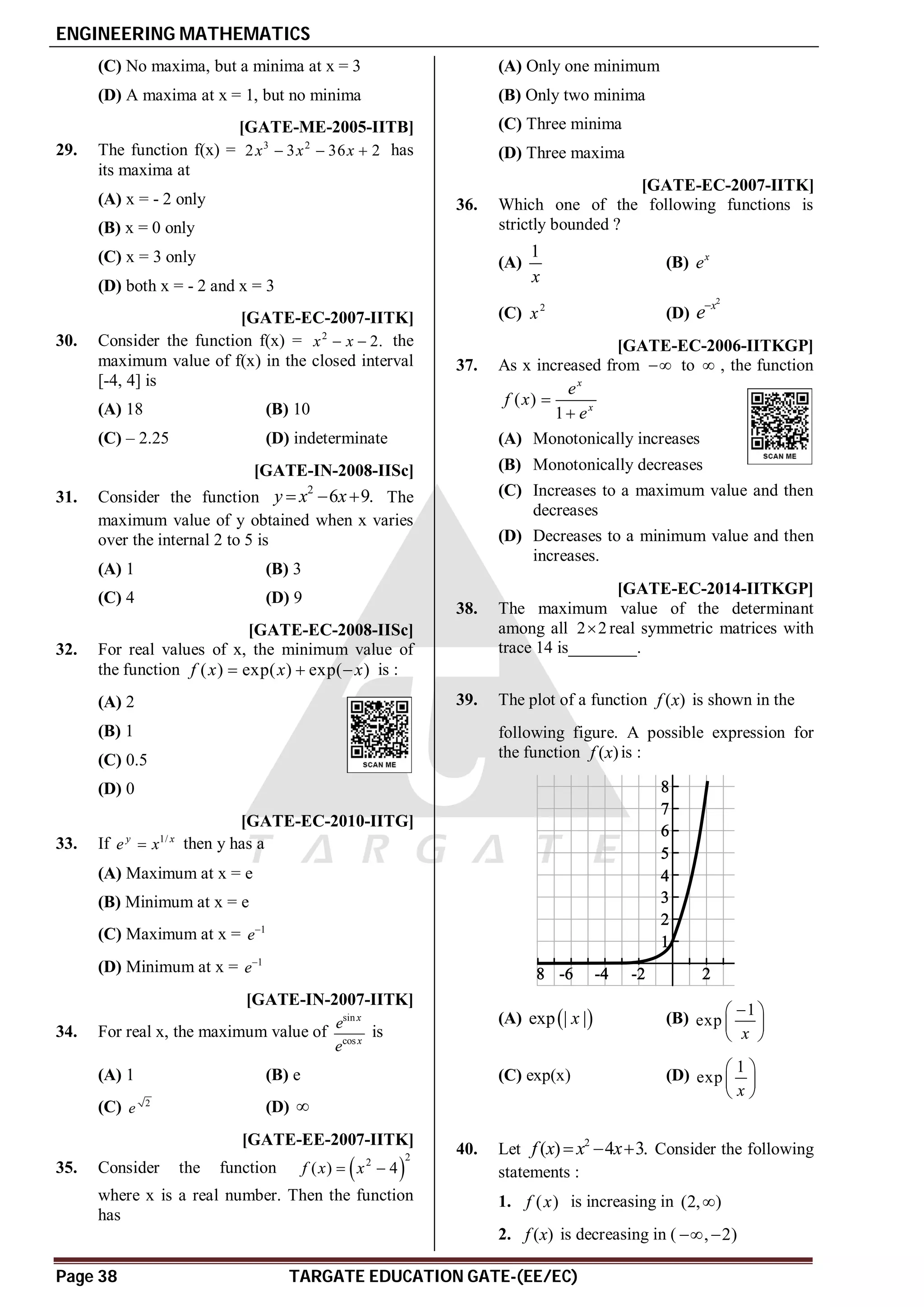 ENGINEERING MATHEMATICS
Page 38 TARGATE EDUCATION GATE-(EE/EC)
(C) No maxima, but a minima at x = 3
(D) A maxima at x = 1, but no minima
AA [GATE-ME-2005-IITB]
29. The function f(x) = 3 2
2 3 36 2
x x x
   has
its maxima at
(A) x = - 2 only
(B) x = 0 only
(C) x = 3 only
(D) both x = - 2 and x = 3
A [GATE-EC-2007-IITK]
30. Consider the function f(x) = 2
2.
x x
  the
maximum value of f(x) in the closed interval
[-4, 4] is
(A) 18 (B) 10
(C) – 2.25 (D) indeterminate
C [GATE-IN-2008-IISc]
31. Consider the function
2
6 9.
y x x
   The
maximum value of y obtained when x varies
over the internal 2 to 5 is
(A) 1 (B) 3
(C) 4 (D) 9
A [GATE-EC-2008-IISc]
32. For real values of x, the minimum value of
the function ( ) exp( ) exp( )
f x x x
   is :
(A) 2
(B) 1
(C) 0.5
(D) 0
A [GATE-EC-2010-IITG]
33. If 1/
y x
e x
 then y has a
(A) Maximum at x = e
(B) Minimum at x = e
(C) Maximum at x = 1
e
(D) Minimum at x = 1
e
C [GATE-IN-2007-IITK]
34. For real x, the maximum value of
sin
cos
x
x
e
e
is
(A) 1 (B) e
(C) 2
e (D) 
B [GATE-EE-2007-IITK]
35. Consider the function  
2
2
( ) 4
f x x
 
where x is a real number. Then the function
has
(A) Only one minimum
(B) Only two minima
(C) Three minima
(D) Three maxima
D [GATE-EC-2007-IITK]
36. Which one of the following functions is
strictly bounded ?
(A)
1
x
(B) x
e
(C) 2
x (D)
2
x
e
A [GATE-EC-2006-IITKGP]
37. As x increased from  to  , the function
( )
1
x
x
e
f x
e


(A) Monotonically increases
(B) Monotonically decreases
(C) Increases to a maximum value and then
decreases
(D) Decreases to a minimum value and then
increases.
A49 [GATE-EC-2014-IITKGP]
38. The maximum value of the determinant
among all 2 2
 real symmetric matrices with
trace 14 is________.
39. The plot of a function ( )
f x is shown in the
following figure. A possible expression for
the function ( )
f x is :
(A)  
exp | |
x (B)
1
exp
x

 
 
 
(C) exp(x) (D)
1
exp
x
 
 
 
D
40. Let 2
( ) 4 3.
f x x x
   Consider the following
statements :
1. ( )
f x is increasing in (2, )

2. ( )
f x is decreasing in ( , 2)
 
 