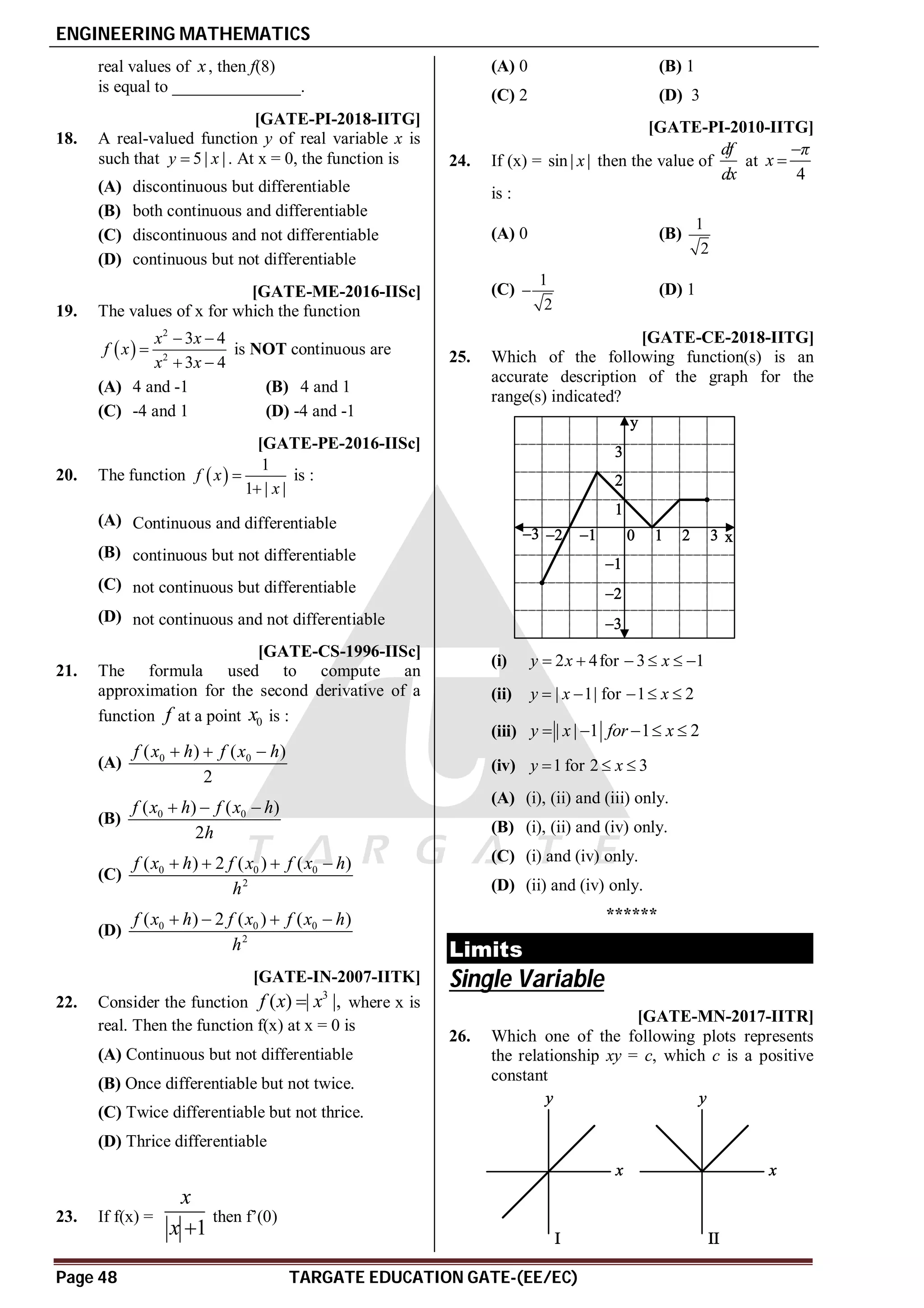 ENGINEERING MATHEMATICS
Page 48 TARGATE EDUCATION GATE-(EE/EC)
real values of x, then f(8)
is equal to _______________.
AD [GATE-PI-2018-IITG]
18. A real-valued function y of real variable x is
such that 5| |
y x
 . At x = 0, the function is
(A) discontinuous but differentiable
(B) both continuous and differentiable
(C) discontinuous and not differentiable
(D) continuous but not differentiable
AC [GATE-ME-2016-IISc]
19. The values of x for which the function
 
2
2
3 4
3 4
x x
f x
x x
 

 
is NOT continuous are
(A) 4 and -1 (B) 4 and 1
(C) -4 and 1 (D) -4 and -1
AB [GATE-PE-2016-IISc]
20. The function  
1
1 | |
f x
x


is :
(A) Continuous and differentiable
(B) continuous but not differentiable
(C) not continuous but differentiable
(D) not continuous and not differentiable
D [GATE-CS-1996-IISc]
21. The formula used to compute an
approximation for the second derivative of a
function f at a point 0
x is :
(A) 0 0
( ) ( )
2
f x h f x h
  
(B) 0 0
( ) ( )
2
f x h f x h
h
  
(C) 0 0 0
2
( ) 2 ( ) ( )
f x h f x f x h
h
   
(D) 0 0 0
2
( ) 2 ( ) ( )
f x h f x f x h
h
   
C [GATE-IN-2007-IITK]
22. Consider the function
3
( ) | |,
f x x
 where x is
real. Then the function f(x) at x = 0 is
(A) Continuous but not differentiable
(B) Once differentiable but not twice.
(C) Twice differentiable but not thrice.
(D) Thrice differentiable
B
23. If f(x) =
1
x
x 
then f’(0)
(A) 0 (B) 1
(C) 2 (D) 3
C [GATE-PI-2010-IITG]
24. If (x) = sin| |
x then the value of
df
dx
at
4
π
x


is :
(A) 0 (B)
1
2
(C)
1
2
 (D) 1
B [GATE-CE-2018-IITG]
25. Which of the following function(s) is an
accurate description of the graph for the
range(s) indicated?
(i) 2 4for 3 1
y x x
     
(ii) | 1| for 1 2
y x x
    
(iii) | | 1 1 2
y x for x
    
(iv) 1 for 2 3
y x
  
(A) (i), (ii) and (iii) only.
(B) (i), (ii) and (iv) only.
(C) (i) and (iv) only.
(D) (ii) and (iv) only.
******
Limits
Single Variable
AC [GATE-MN-2017-IITR]
26. Which one of the following plots represents
the relationship xy = c, which c is a positive
constant
 