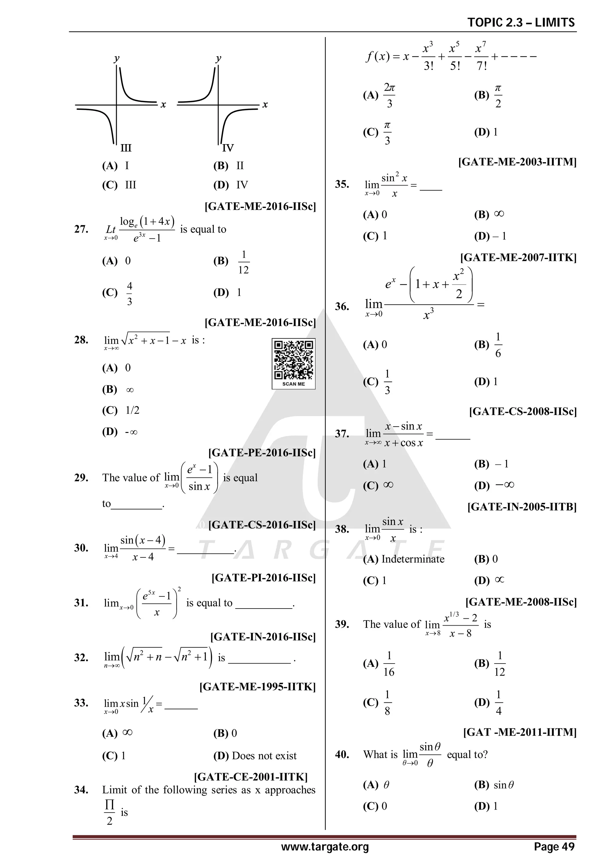 TOPIC 2.3 – LIMITS
www.targate.org Page 49
(A) I (B) II
(C) III (D) IV
AC [GATE-ME-2016-IISc]
27.
 
3
0
log 1 4
1
e
x
x
x
Lt
e



is equal to
(A) 0 (B)
1
12
(C)
4
3
(D) 1
AC [GATE-ME-2016-IISc]
28. 2
lim 1
x
x x x

   is :
(A) 0
(B) 
(C) 1/2
(D) -
A1.0 [GATE-PE-2016-IISc]
29. The value of
0
1
lim
sin
x
x
e
x

 

 
 
is equal
to_________.
A1.0 [GATE-CS-2016-IISc]
30.
 
4
sin 4
lim
4
x
x
x




__________.
A25.0 [GATE-PI-2016-IISc]
31.
2
5
0
1
lim
x
x
e
x

 

 
 
is equal to __________.
A0.5 [GATE-IN-2016-IISc]
32.  
2 2
lim 1
n
n n n

   is ___________ .
B [GATE-ME-1995-IITK]
33.
0
1
lim sin ______
x
x x


(A)  (B) 0
(C) 1 (D) Does not exist
AC T2.D [GATE-CE-2001-IITK]
34. Limit of the following series as x approaches
2

is
3 5 7
( )
3! 5! 7!
x x x
f x x
        
(A)
2
3
π
(B)
2
π
(C)
3
π
(D) 1
A [GATE-ME-2003-IITM]
35.
2
0
sin
lim ____
x
x
x


(A) 0 (B) 
(C)  (D) – 1
B [GATE-ME-2007-IITK]
36.
2
3
0
1
2
lim
x
x
x
e x
x

 
  
 
  
(A) 0 (B)
1
6
(C)
1
3
(D) 1
A [GATE-CS-2008-IISc]
37.
sin
lim ______
cos
x
x x
x x




(A) 1 (B) – 1
(C)  (D) 
C [GATE-IN-2005-IITB]
38.
0
sin
lim
x
x
x

is :
(A) Indeterminate (B) 0
(C) 1 (D) 
B [GATE-ME-2008-IISc]
39. The value of
1/3
8
2
lim
8
x
x
x



is
(A)
1
16
(B)
1
12
(C)
1
8
(D)
1
4
D [GAT -ME-2011-IITM]
40. What is
0
sin
lim
θ
θ
θ

equal to?
(A) θ (B) sinθ
(C) 0 (D) 1
 