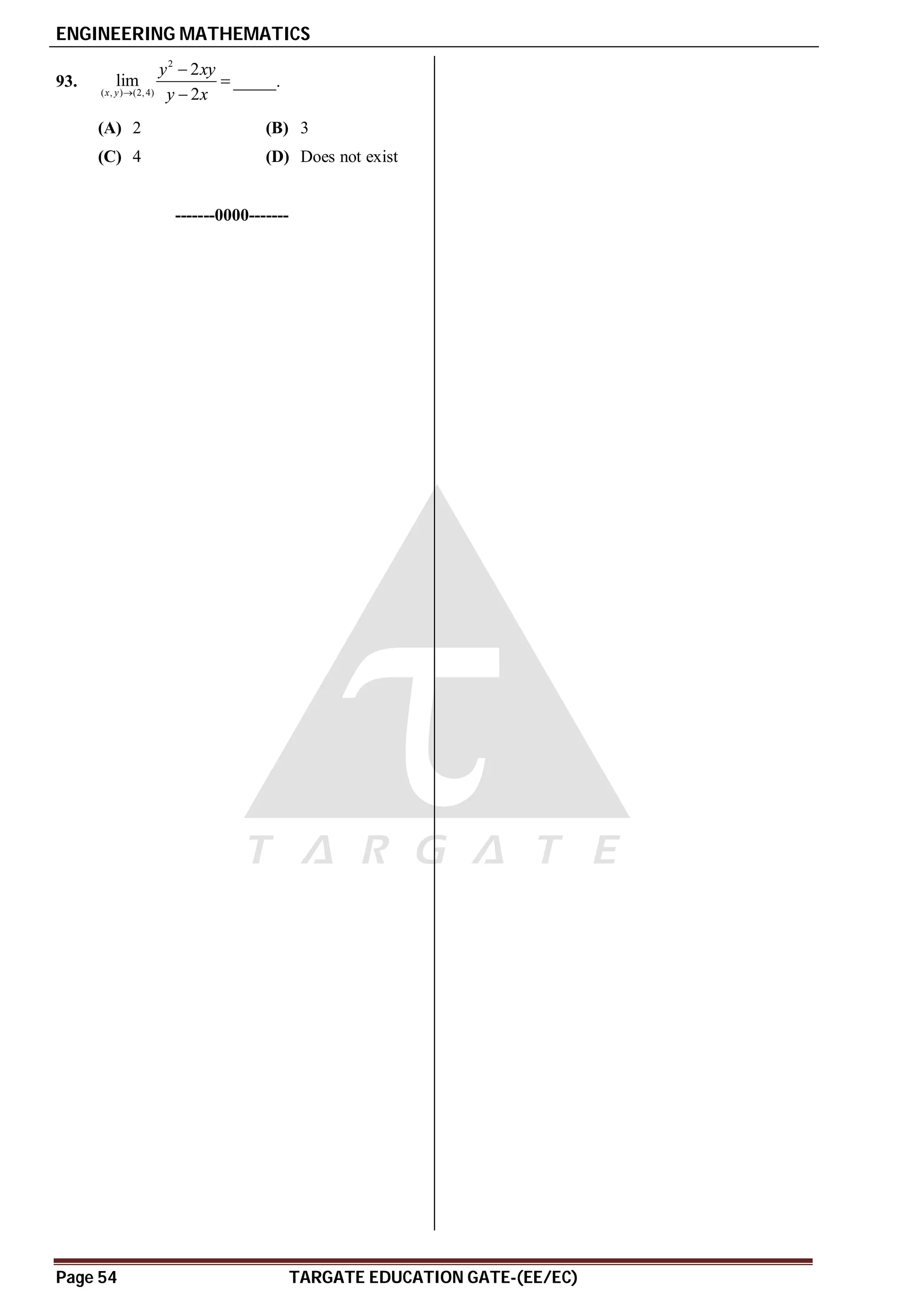 ENGINEERING MATHEMATICS
Page 54 TARGATE EDUCATION GATE-(EE/EC)
93.
2
( , ) (2,4)
2
lim
2
x y
y xy
y x




_____.
(A) 2 (B) 3
(C) 4 (D) Does not exist
-------0000-------
 
