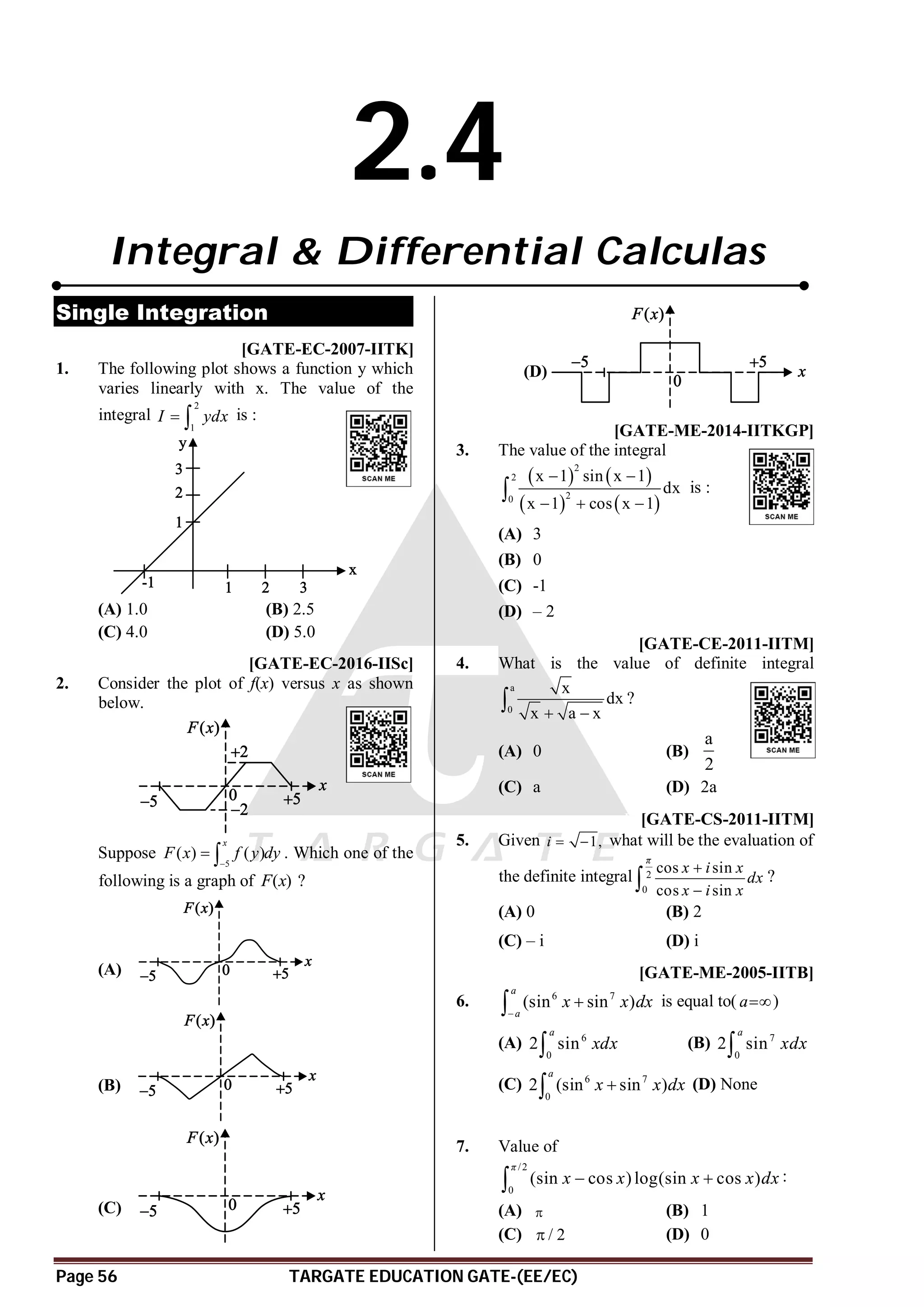 Page 56 TARGATE EDUCATION GATE-(EE/EC)
2.4
Integral & Differential Calculas
Single Integration
B [GATE-EC-2007-IITK]
1. The following plot shows a function y which
varies linearly with x. The value of the
integral
2
1
I ydx
  is :
(A) 1.0 (B) 2.5
(C) 4.0 (D) 5.0
AC [GATE-EC-2016-IISc]
2. Consider the plot of f(x) versus x as shown
below.
Suppose
5
( ) ( )
x
F x f y dy

  . Which one of the
following is a graph of ( )
F x ?
(A)
(B)
(C)
(D)
AB [GATE-ME-2014-IITKGP]
3. The value of the integral
   
   
2
2
2
0
x 1 sin x 1
dx
x 1 cos x 1
 
  
 is :
(A) 3
(B) 0
(C) -1
(D) – 2
AB [GATE-CE-2011-IITM]
4. What is the value of definite integral
a
0
x
dx
x a x
 
 ?
(A) 0 (B)
a
2
(C) a (D) 2a
D [GATE-CS-2011-IITM]
5. Given 1,
i   what will be the evaluation of
the definite integral 2
0
cos sin
cos sin
π
x i x
dx
x i x


 ?
(A) 0 (B) 2
(C) – i (D) i
A[GATE-ME-2005-IITB]
6. 6 7
(sin sin )
a
a
x x dx


 is equal to( a)
(A) 6
0
2 sin
a
xdx
 (B) 7
0
2 sin
a
xdx

(C) 6 7
0
2 (sin sin )
a
x x dx

 (D) None
D
7. Value of
/2
0
(sin cos )log(sin cos )
π
x x x x dx
 
 :
(A)  (B) 1
(C) / 2
 (D) 0
 