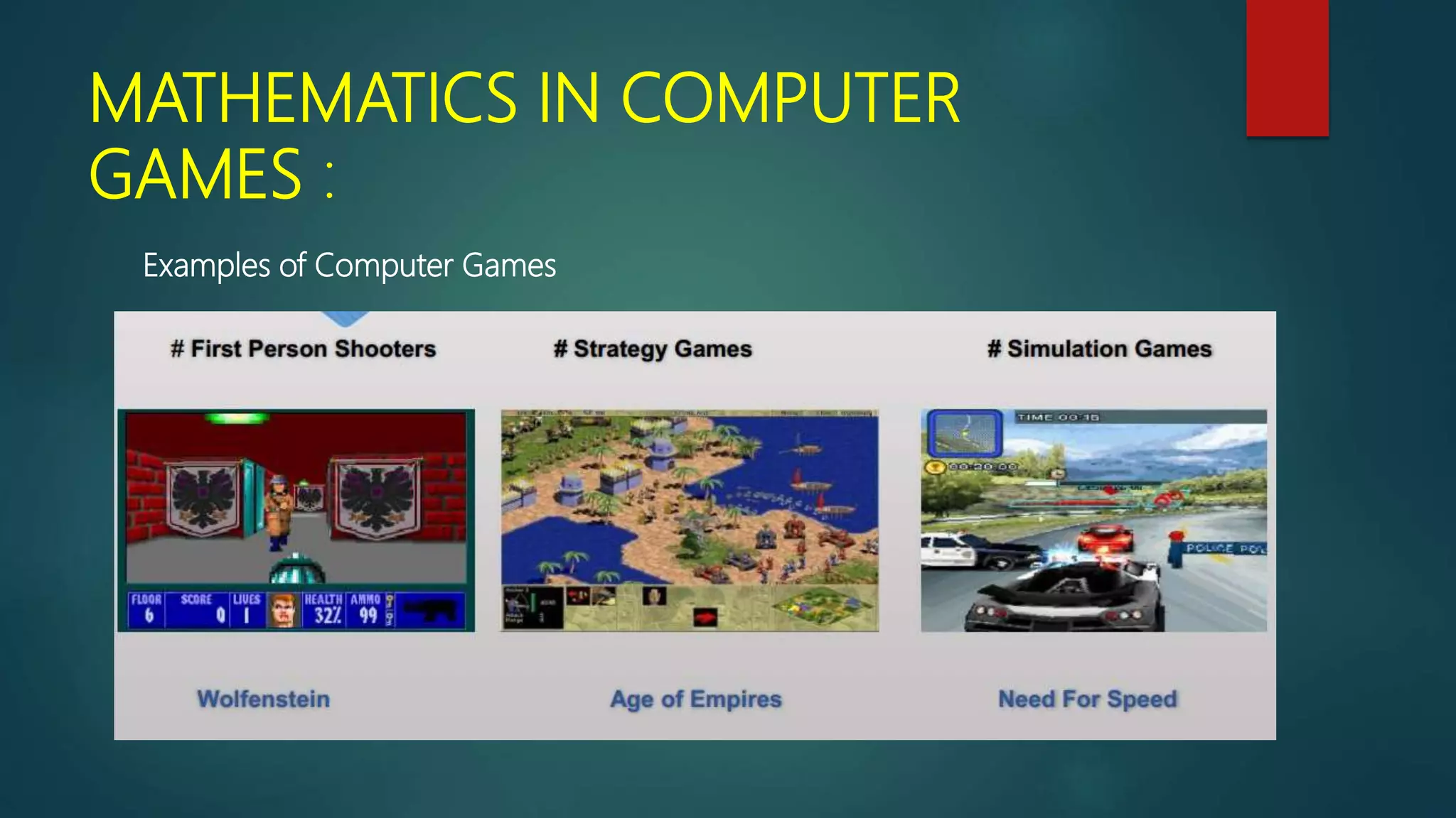 MATHEMATICS IN COMPUTER
GAMES :
Examples of Computer Games
 