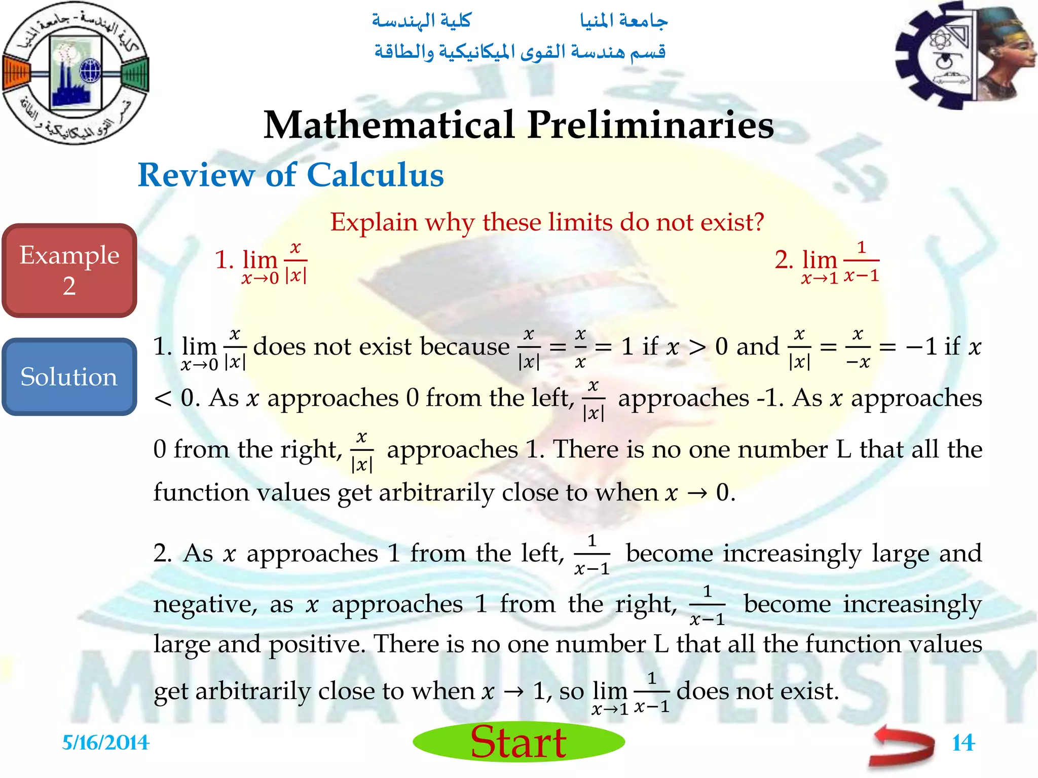 ‫املنيا‬ ‫جامعة‬‫الهندسة‬ ‫كلية‬
‫والطاقة‬ ‫امليكانيكية‬ ‫ى‬‫القو‬ ‫هندسة‬‫قسم‬
Start
Review of Calculus
Mathematical Preliminaries
5/16/2014 14
Explain why these limits do not exist?
1. lim
𝑥→0
𝑥
𝑥
2. lim
𝑥→1
1
𝑥−1
Example
2
Solution
1. lim
𝑥→0
𝑥
𝑥
does not exist because
𝑥
𝑥
=
𝑥
𝑥
= 1 if 𝑥 > 0 and
𝑥
𝑥
=
𝑥
−𝑥
= −1 if 𝑥
< 0. As 𝑥 approaches 0 from the left,
𝑥
𝑥
approaches -1. As 𝑥 approaches
0 from the right,
𝑥
𝑥
approaches 1. There is no one number L that all the
function values get arbitrarily close to when 𝑥 → 0.
2. As 𝑥 approaches 1 from the left,
1
𝑥−1
become increasingly large and
negative, as 𝑥 approaches 1 from the right,
1
𝑥−1
become increasingly
large and positive. There is no one number L that all the function values
get arbitrarily close to when 𝑥 → 1, so lim
𝑥→1
1
𝑥−1
does not exist.
 