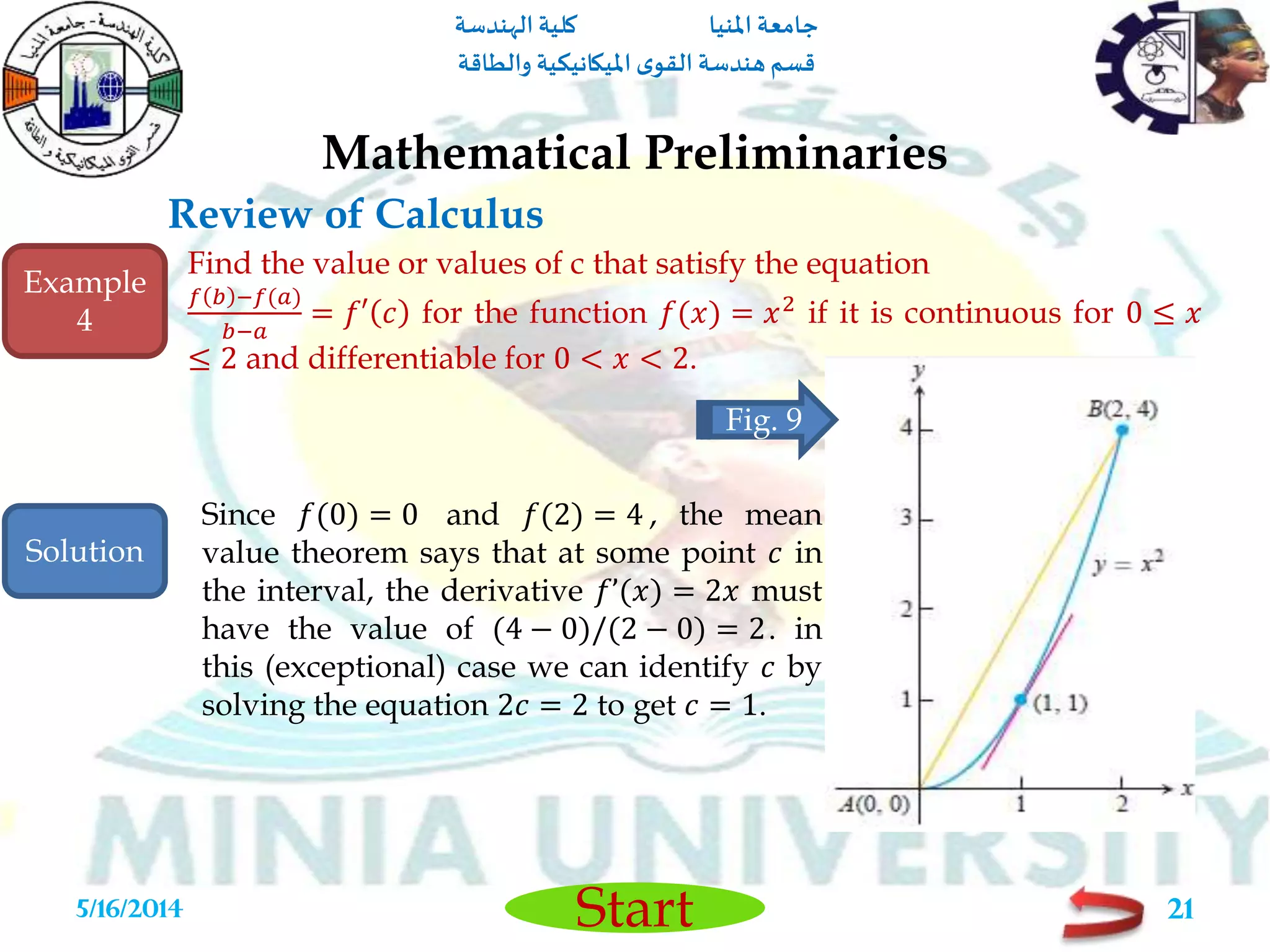 ‫املنيا‬ ‫جامعة‬‫الهندسة‬ ‫كلية‬
‫والطاقة‬ ‫امليكانيكية‬ ‫ى‬‫القو‬ ‫هندسة‬‫قسم‬
Start
Review of Calculus
Mathematical Preliminaries
5/16/2014 21
Find the value or values of c that satisfy the equation
𝑓 𝑏 −𝑓(𝑎)
𝑏−𝑎
= 𝑓′ 𝑐 for the function 𝑓(𝑥) = 𝑥2
if it is continuous for 0 ≤ 𝑥
≤ 2 and differentiable for 0 < 𝑥 < 2.
Since 𝑓(0) = 0 and 𝑓(2) = 4 , the mean
value theorem says that at some point 𝑐 in
the interval, the derivative 𝑓’(𝑥) = 2𝑥 must
have the value of (4 − 0)/(2 − 0) = 2. in
this (exceptional) case we can identify 𝑐 by
solving the equation 2𝑐 = 2 to get 𝑐 = 1.
Fig. 9
Example
4
Solution
 