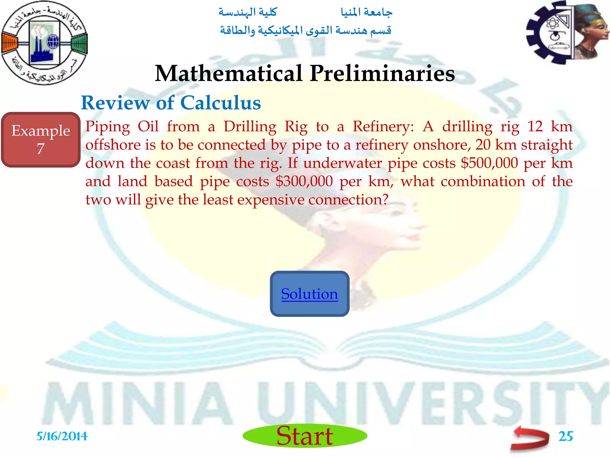 ‫املنيا‬ ‫جامعة‬‫الهندسة‬ ‫كلية‬
‫والطاقة‬ ‫امليكانيكية‬ ‫ى‬‫القو‬ ‫هندسة‬‫قسم‬
Start
Review of Calculus
Mathematical Preliminaries
5/16/2014 25
Piping Oil from a Drilling Rig to a Refinery: A drilling rig 12 km
offshore is to be connected by pipe to a refinery onshore, 20 km straight
down the coast from the rig. If underwater pipe costs $500,000 per km
and land based pipe costs $300,000 per km, what combination of the
two will give the least expensive connection?
Example
7
Solution
 