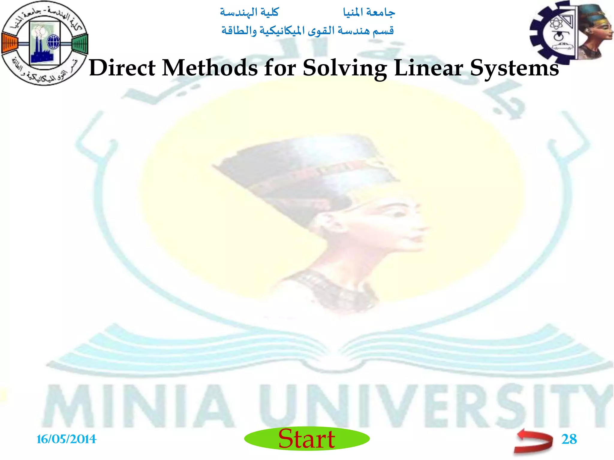 ‫املنيا‬ ‫جامعة‬‫الهندسة‬ ‫كلية‬
‫والطاقة‬ ‫امليكانيكية‬ ‫ى‬‫القو‬ ‫هندسة‬‫قسم‬
Start
Direct Methods for Solving Linear Systems
16/05/2014 28
 