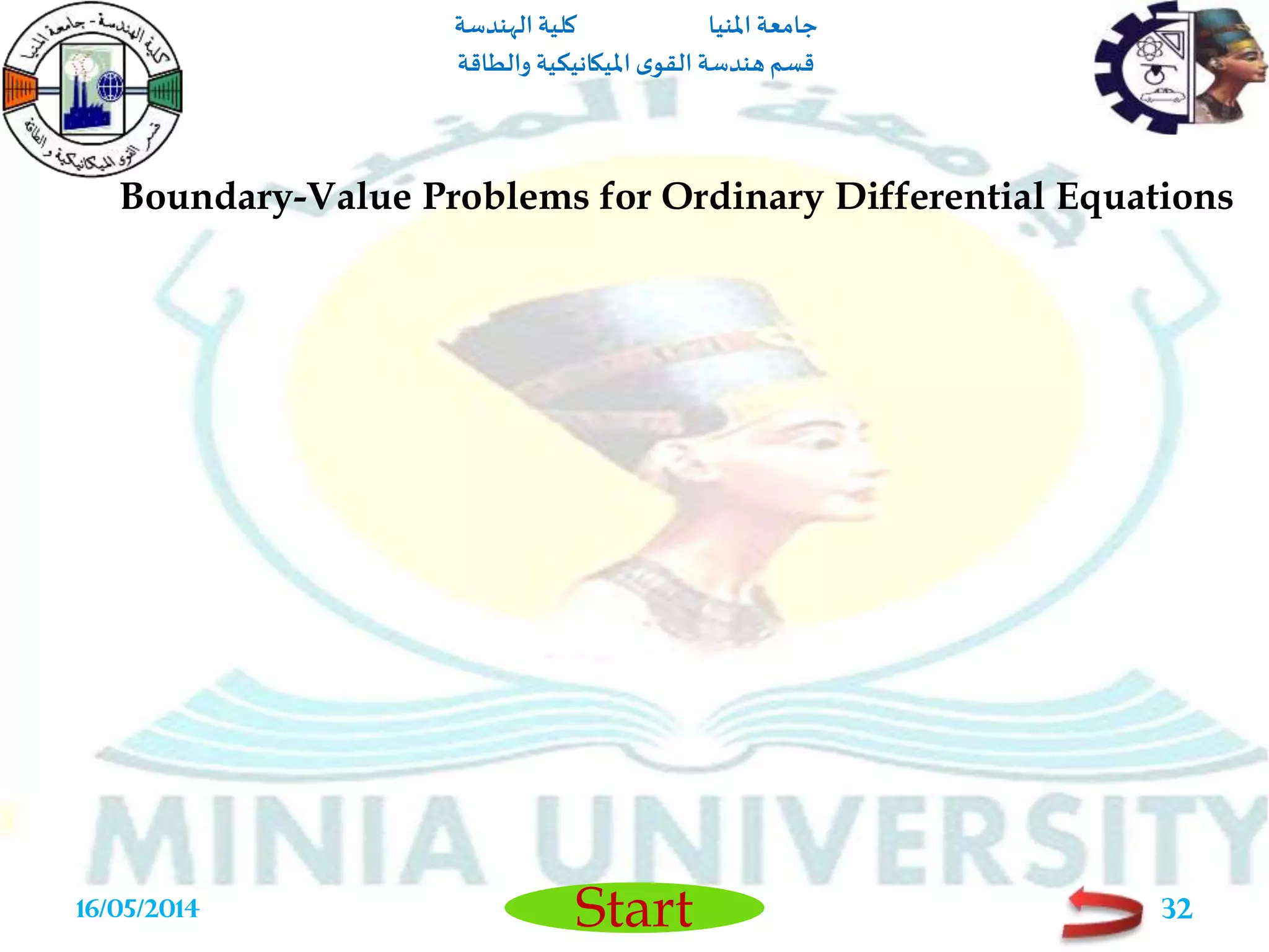 ‫املنيا‬ ‫جامعة‬‫الهندسة‬ ‫كلية‬
‫والطاقة‬ ‫امليكانيكية‬ ‫ى‬‫القو‬ ‫هندسة‬‫قسم‬
Start
Boundary-Value Problems for Ordinary Differential Equations
16/05/2014 32
 