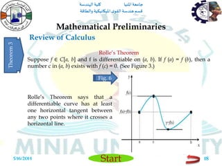 ‫املنيا‬ ‫جامعة‬‫الهندسة‬ ‫كلية‬
‫والطاقة‬ ‫امليكانيكية‬ ‫ى‬‫القو‬ ‫هندسة‬‫قسم‬
Start
Review of Calculus
Mathematical Preliminaries
5/16/2014 18
Rolle’s Theorem
Suppose f ∈ C[a, b] and f is differentiable on (a, b). If f (a) = f (b), then a
number c in (a, b) exists with f (c) = 0. (See Figure 3.)
Theorem3
Fig. 6
Rolle’s Theorem says that a
differentiable curve has at least
one horizontal tangent between
any two points where it crosses a
horizontal line.
 