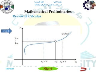 ‫املنيا‬ ‫جامعة‬‫الهندسة‬ ‫كلية‬
‫والطاقة‬ ‫امليكانيكية‬ ‫ى‬‫القو‬ ‫هندسة‬‫قسم‬
Start
Review of Calculus
Mathematical Preliminaries
5/16/2014 7
Fig. 1
 